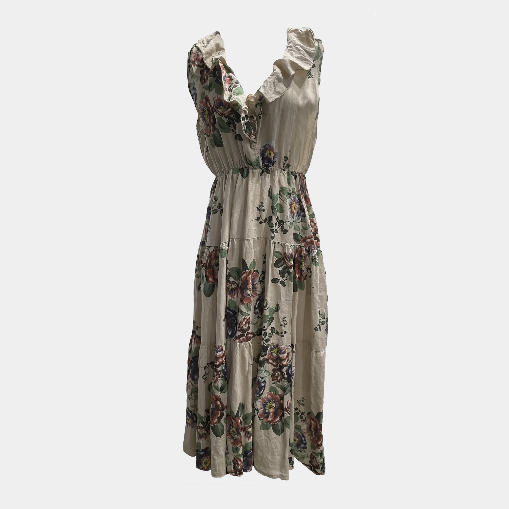 Linen Sleeveless Floral Dress with Ruffle V-Neck in Four Colors