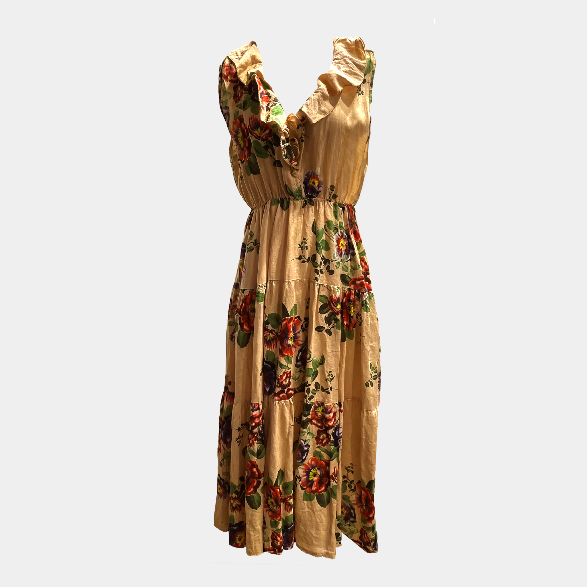 Linen Sleeveless Floral Dress with Ruffle V-Neck in Four Colors