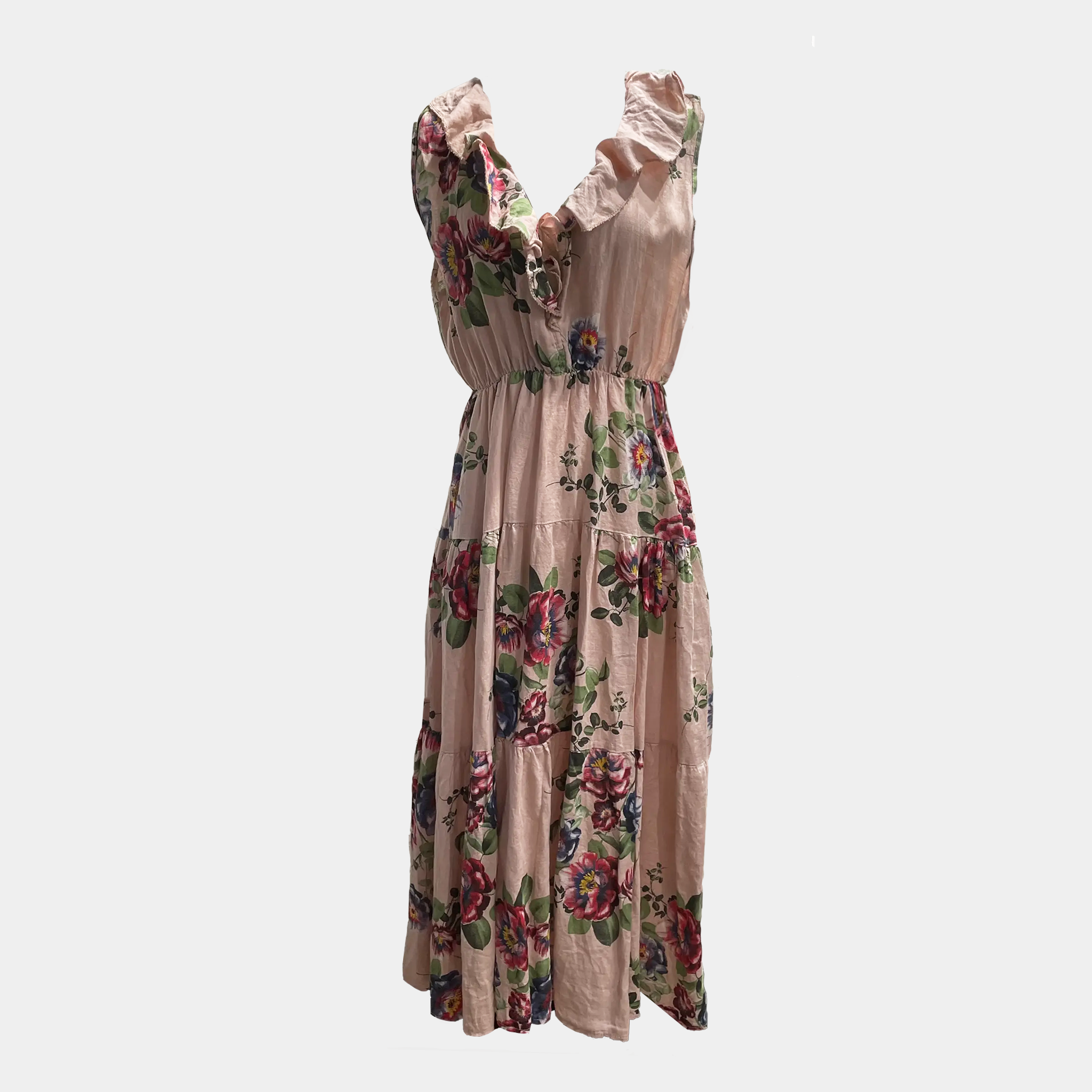 Linen Sleeveless Floral Dress with Ruffle V-Neck in Four Colors