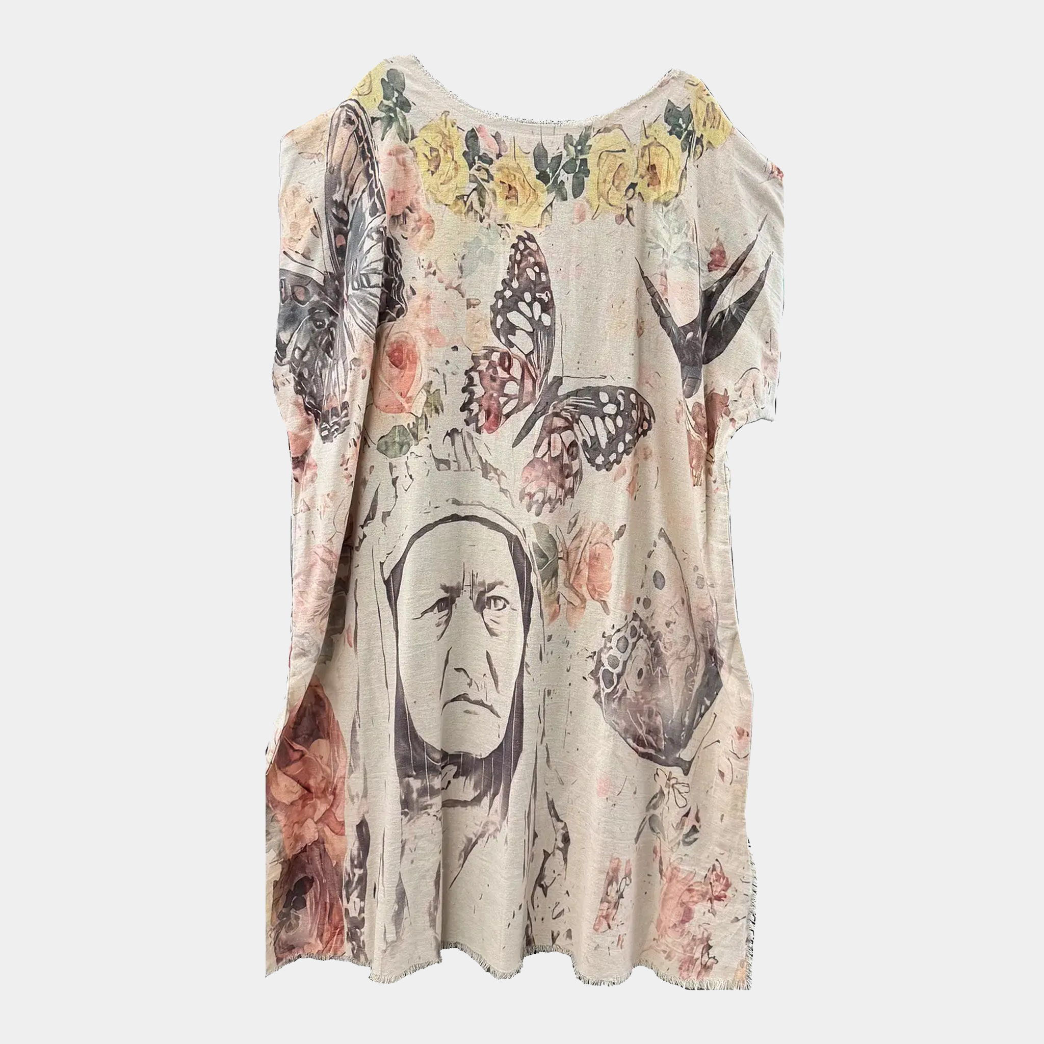 Kaftan Tunic Dress with Sketch of Chief Sitting Bull & Florals
