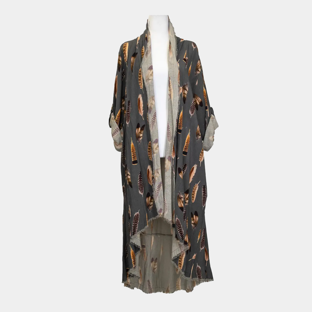 Duster with Bison Printed Patch and Feather Graphics 
