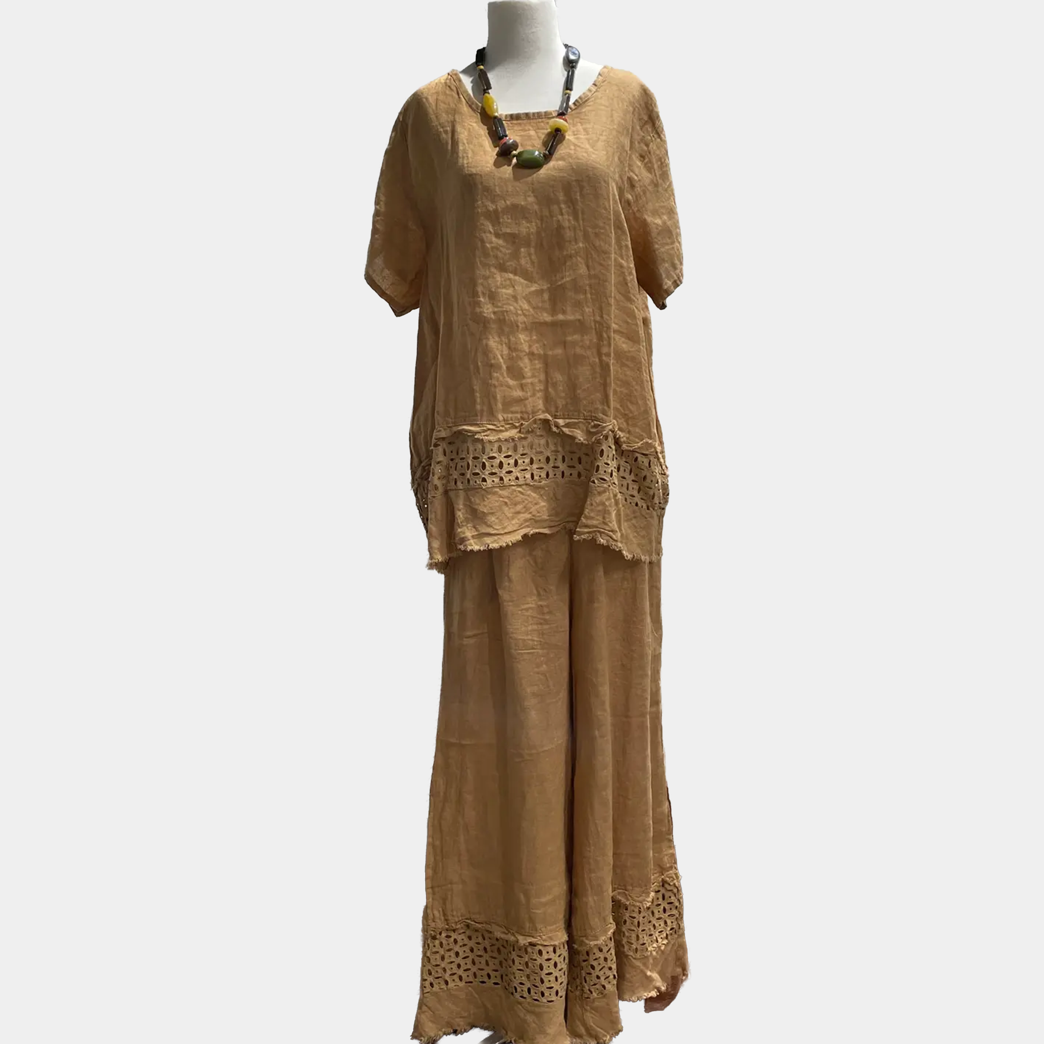 Linen Pants with Islet & Fringe Hem