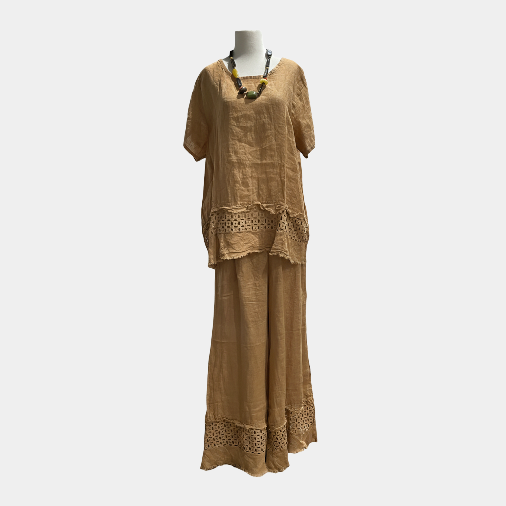 Linen Top with Islet & Fringe Hem in Three Colors