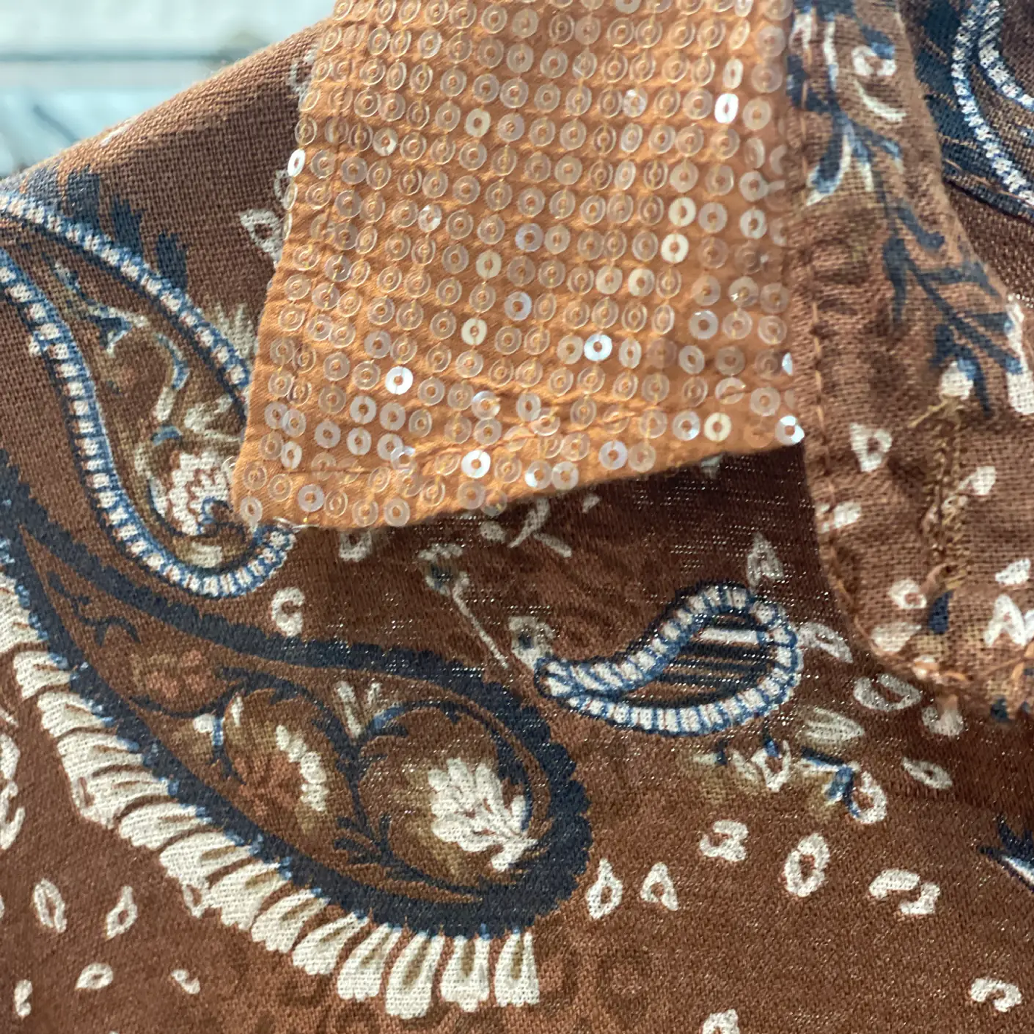 Linen Paisley Button-Up Dress with Sequin Collar in Three Colors