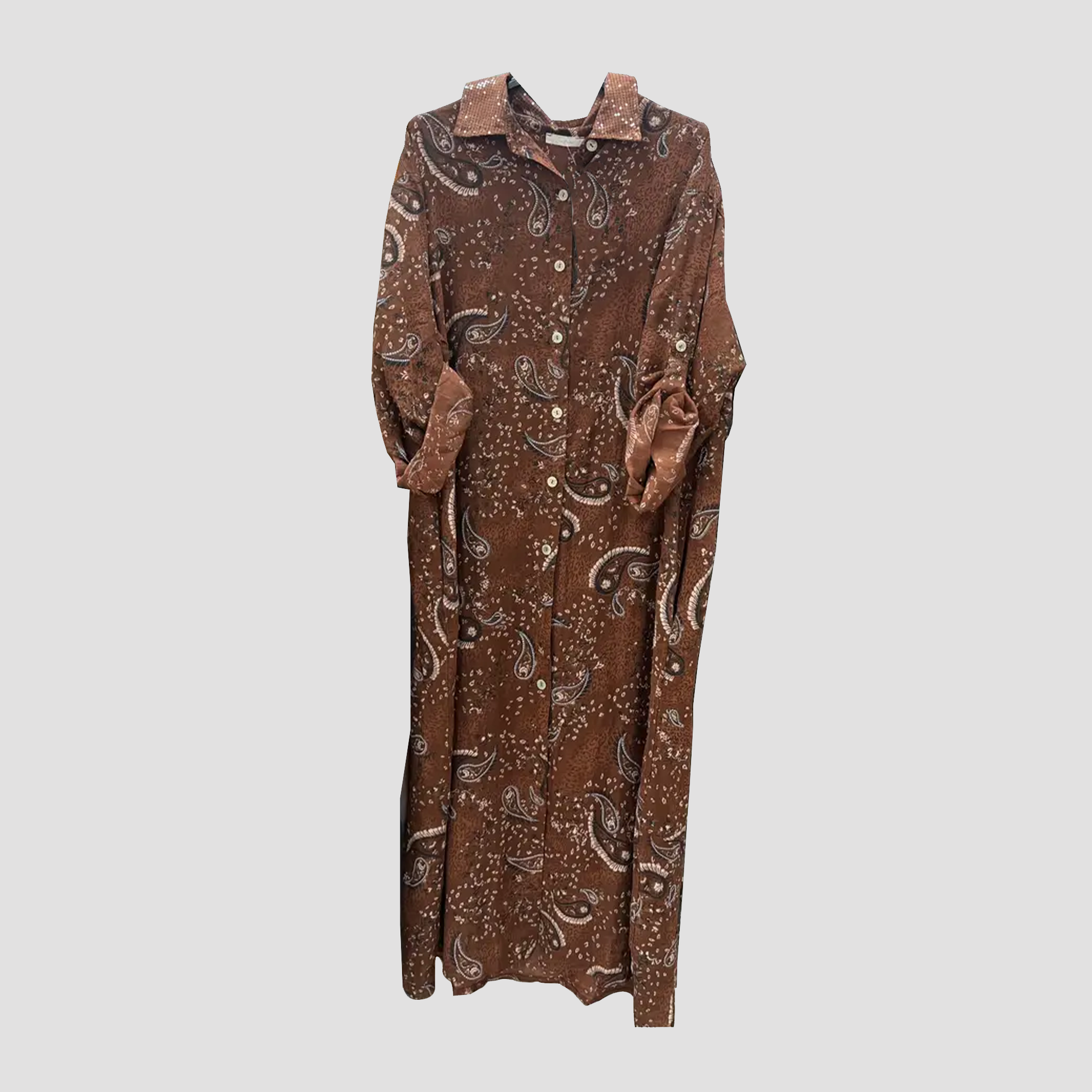 Linen Paisley Button-Up Dress with Sequin Collar in Three Colors