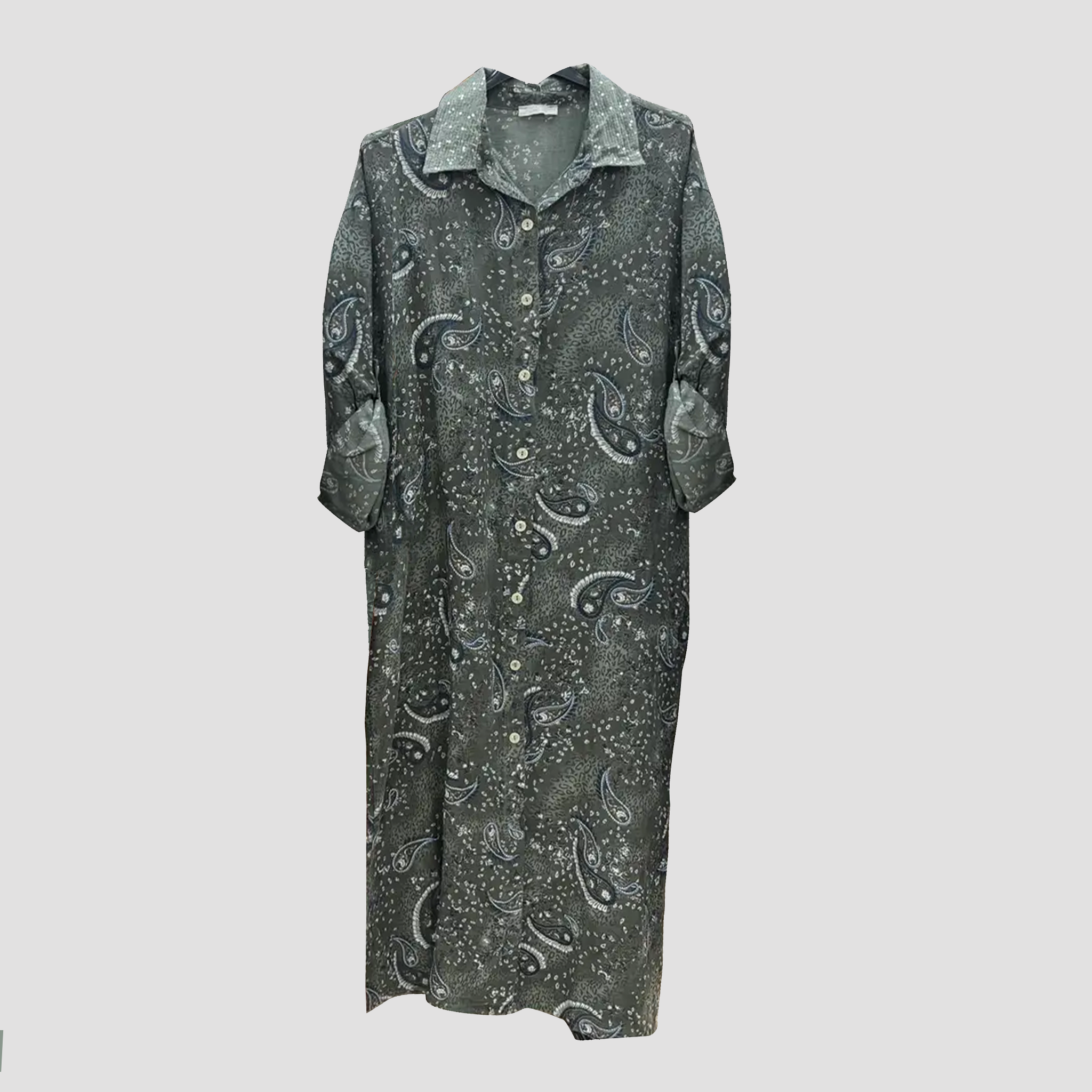 Linen Paisley Button-Up Dress with Sequin Collar in Three Colors