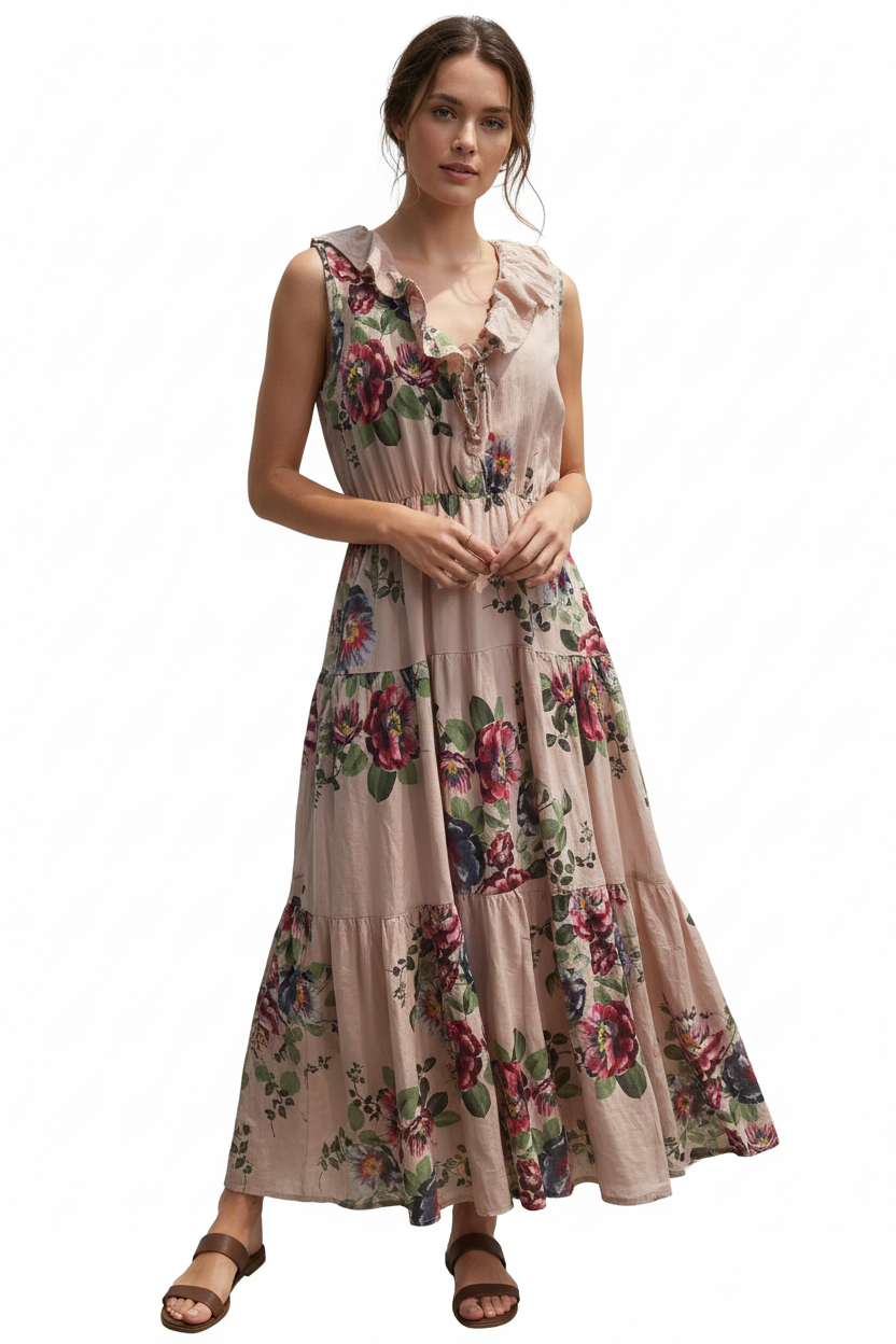 Linen Sleeveless Floral Dress with Ruffle V-Neck in Four Colors