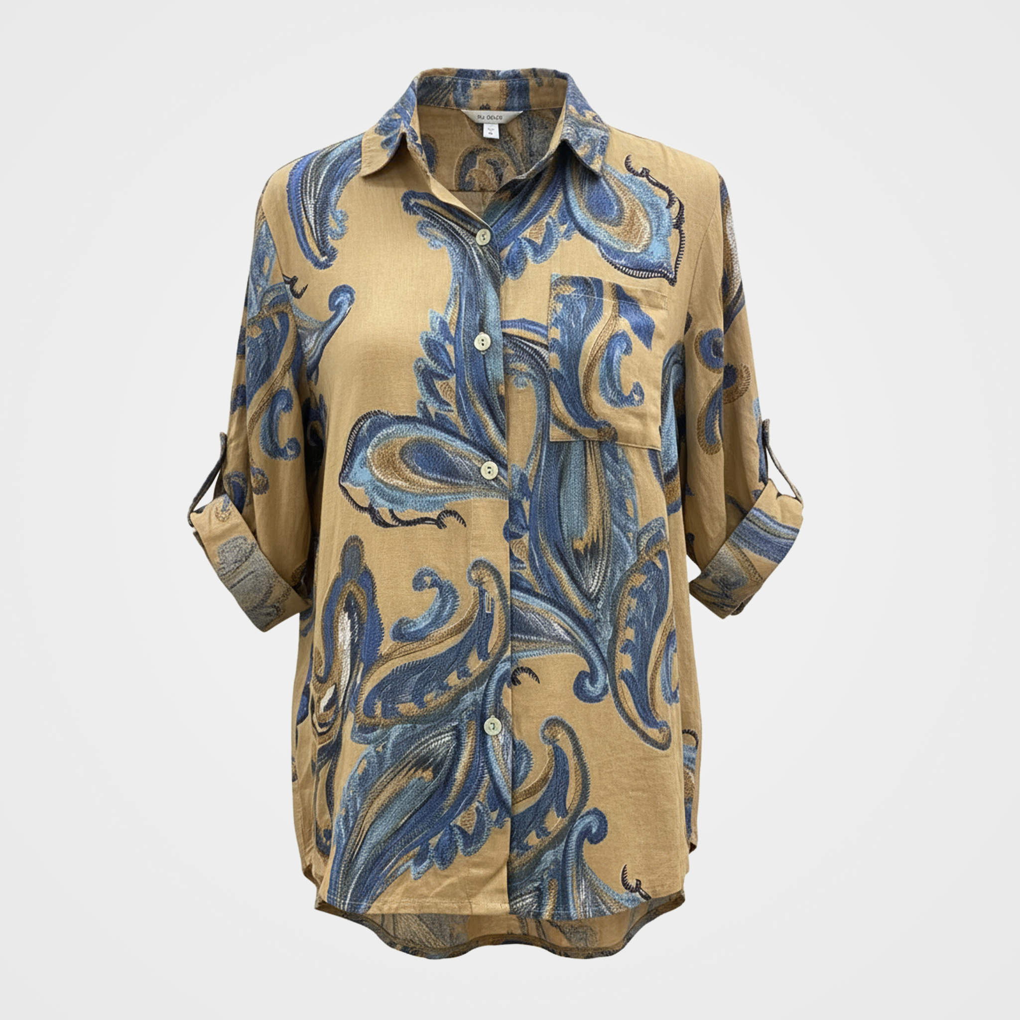 Paisley Print Button-Up Linen Top with Button Tab Sleeves
