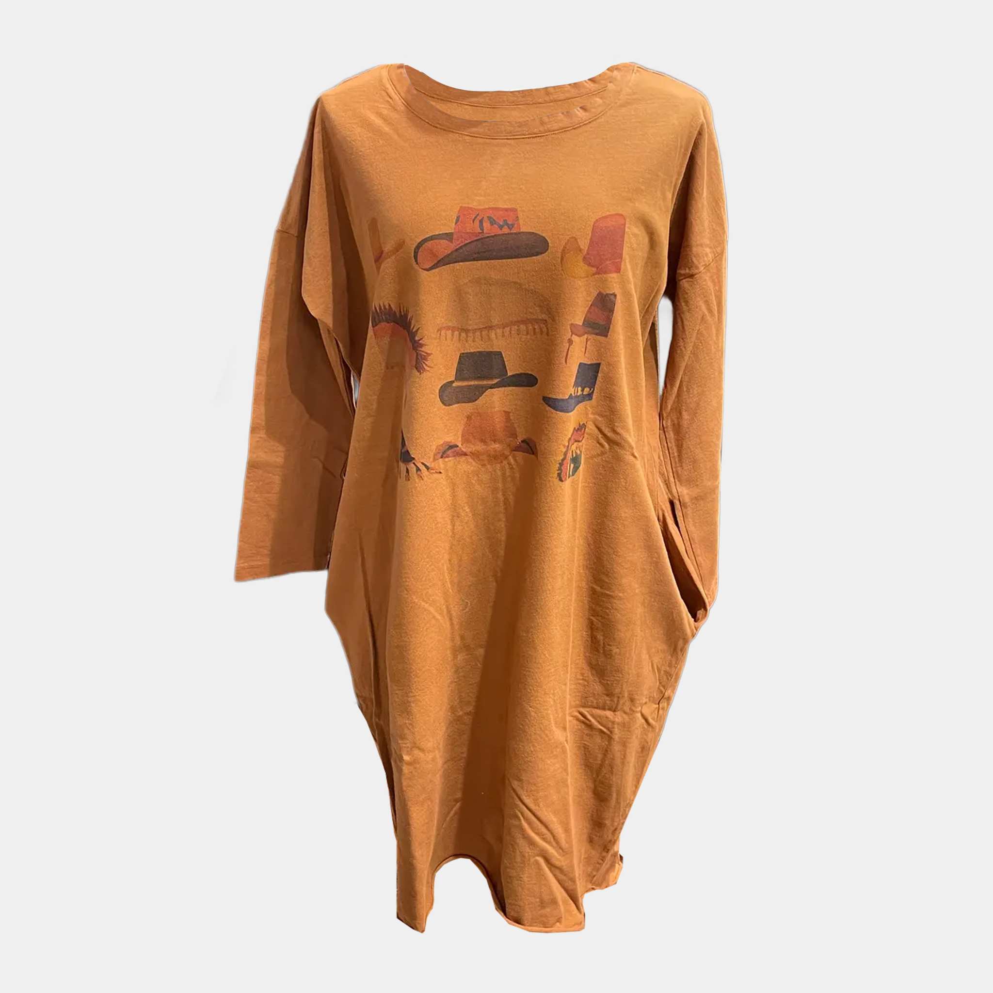 T-Shirt Dress with Cowboy Hats Print 3/4 Sleeve