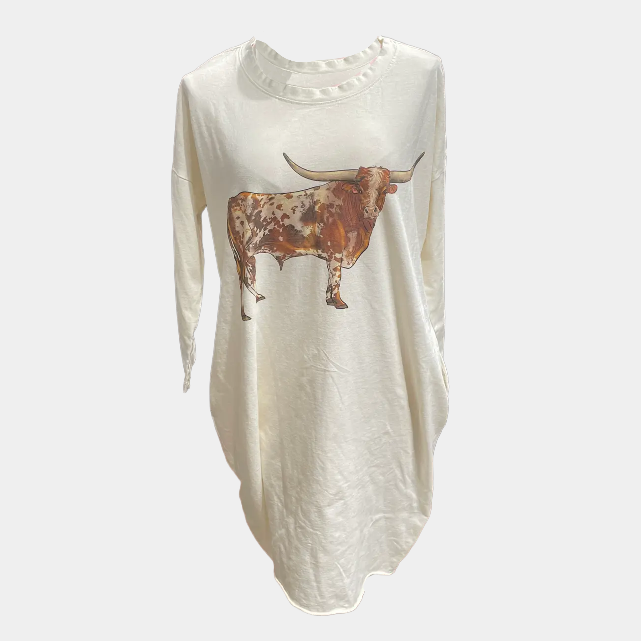 T-Shirt Dress w/Longhorn Print 3/4 Sleeve Ivory