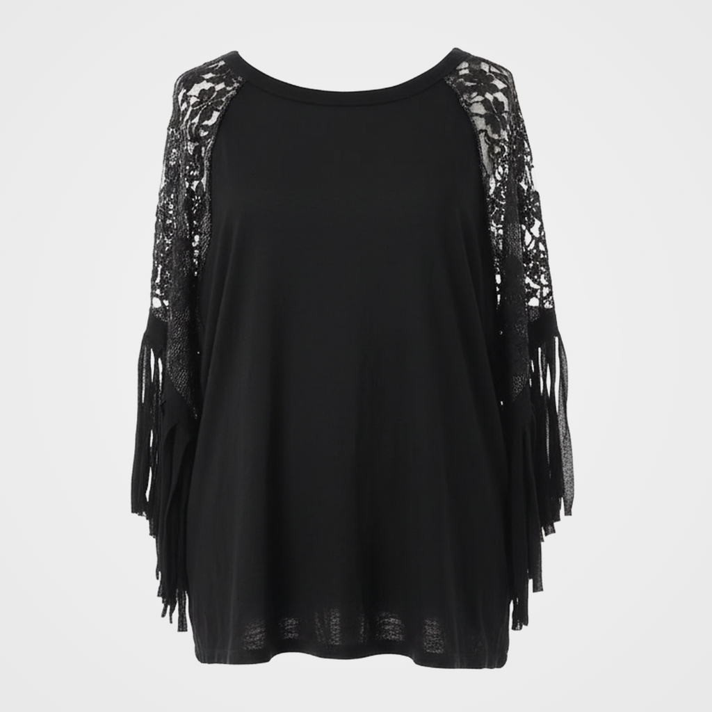 Crew Neck Top with Raglan Sleeves in Lace and Fringe