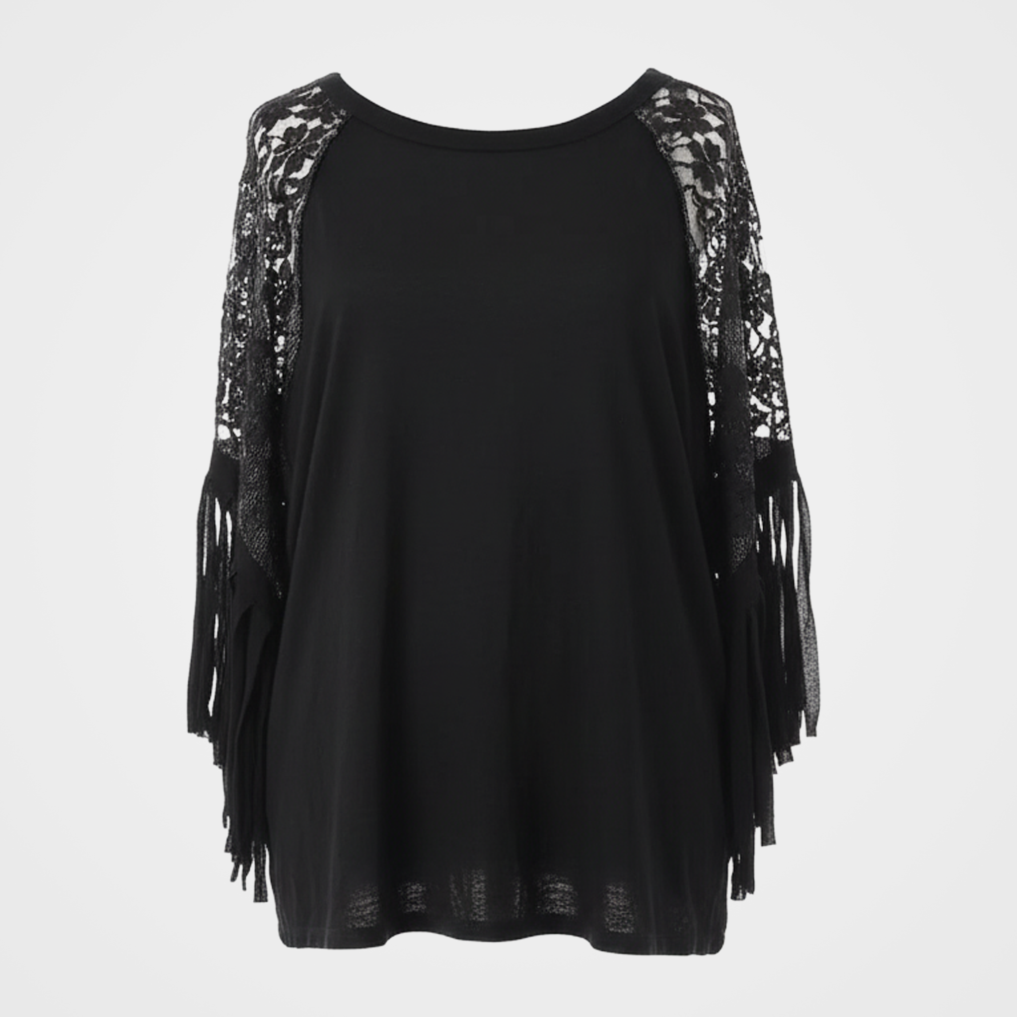 Crew Neck Top with Raglan Sleeves in Lace and Fringe