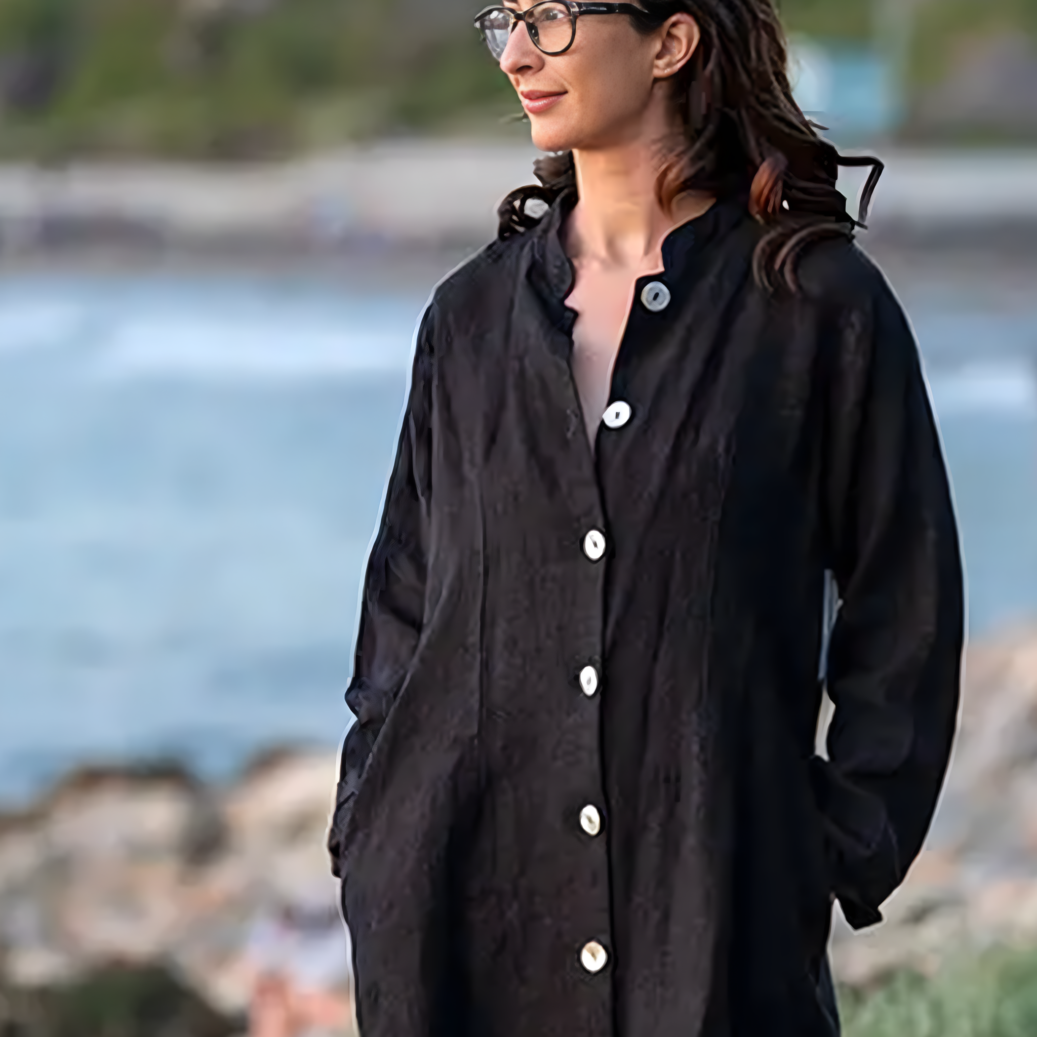 Linen Banded-Collar Button-Up Jacket Dress