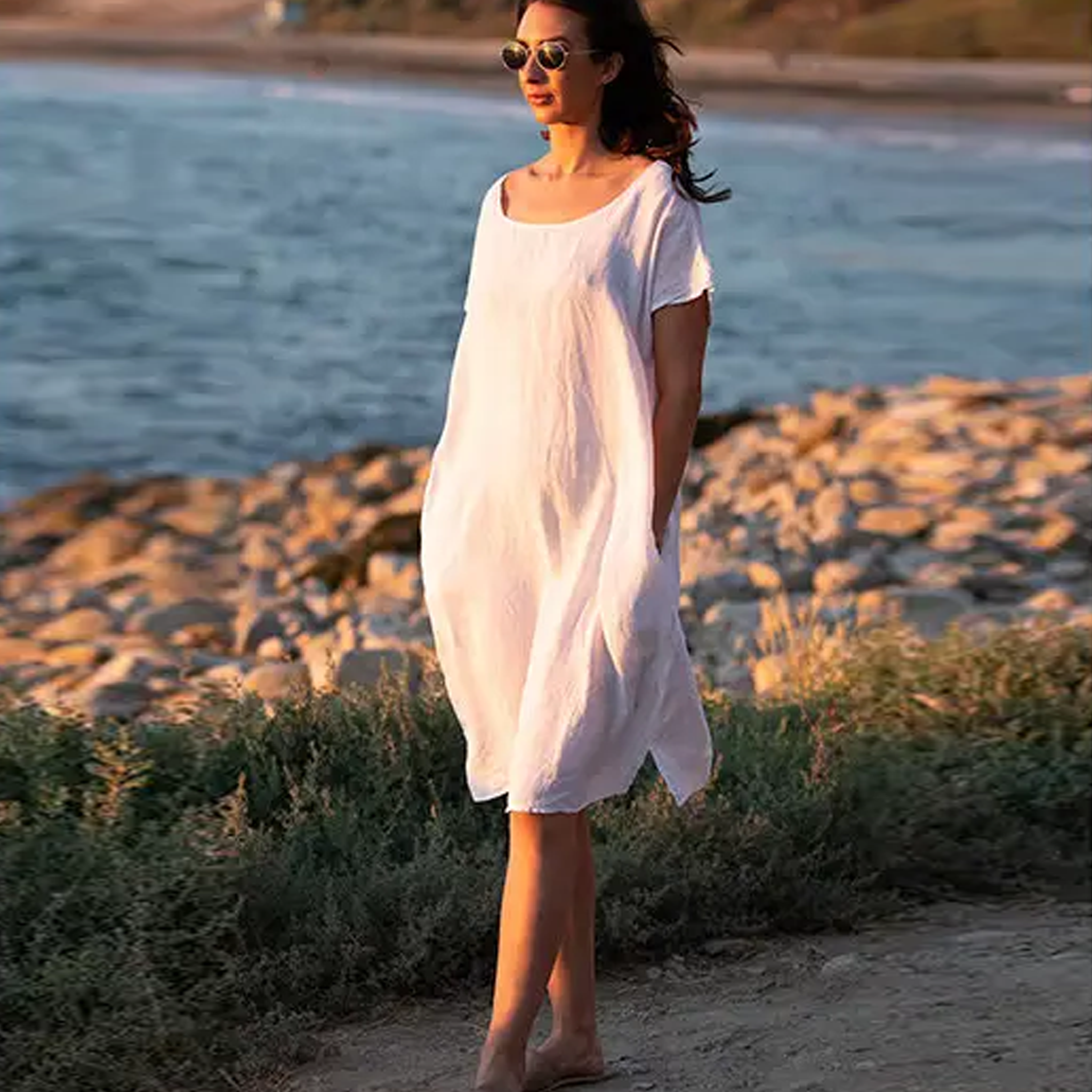 Linen Shift Dress in White