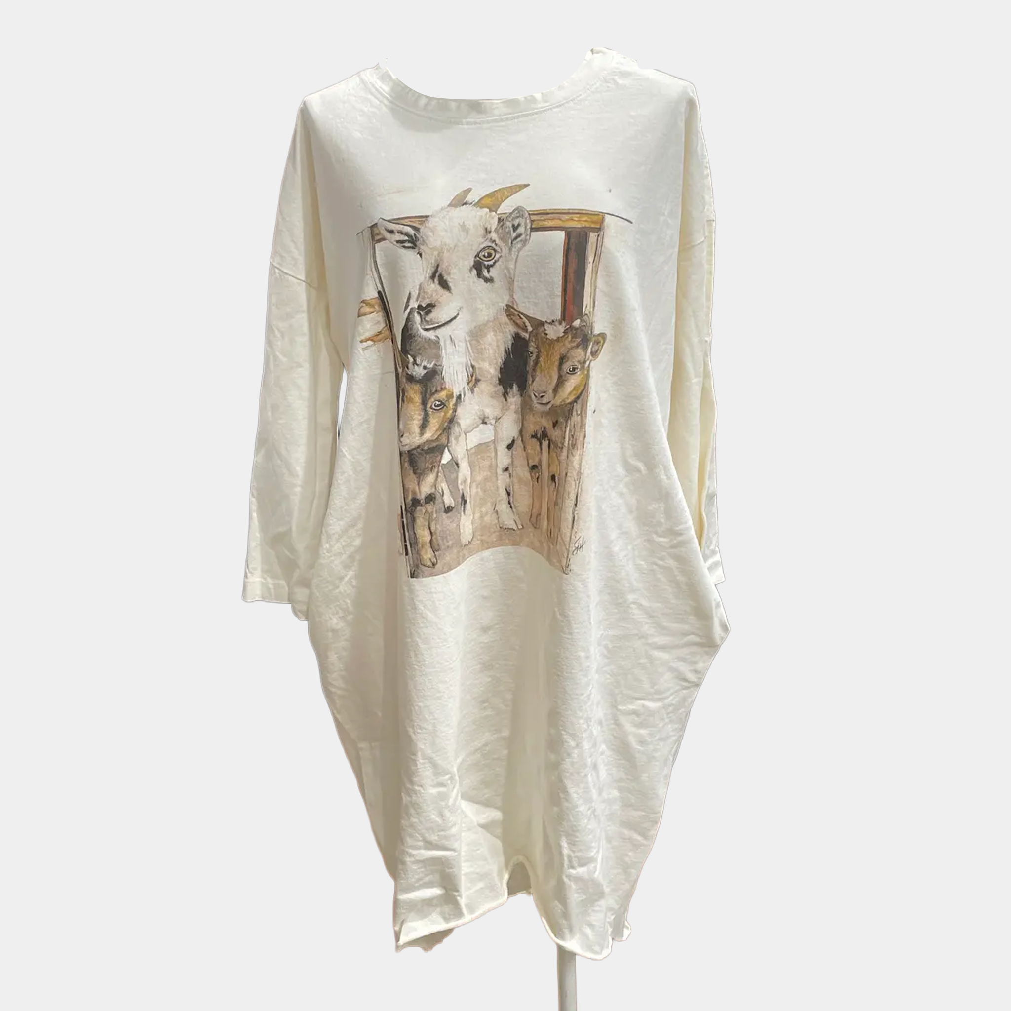 T-Shirt Dress with Baby Goats 3/4 Sleeve Ivory