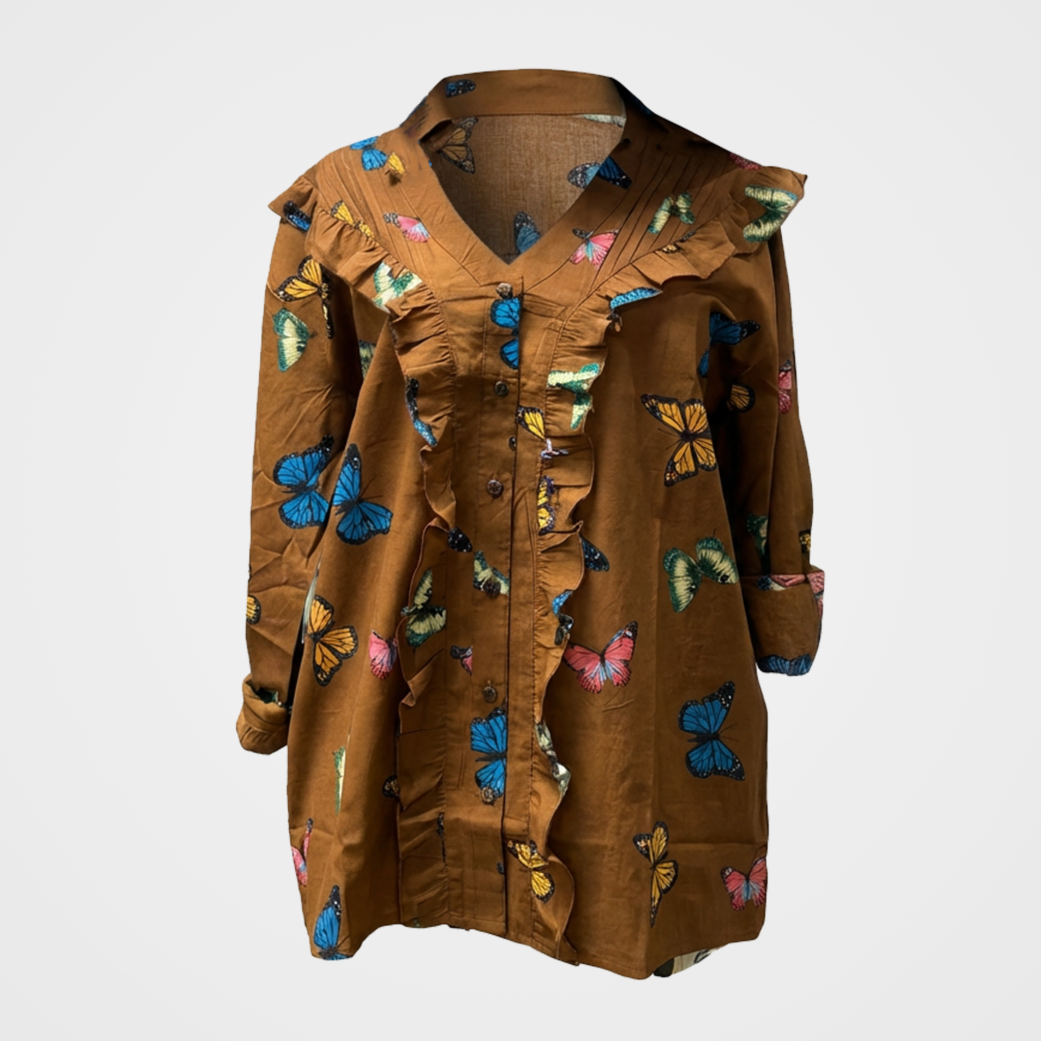 Button-Up Collared Top with Ruffles and Butterfly Print