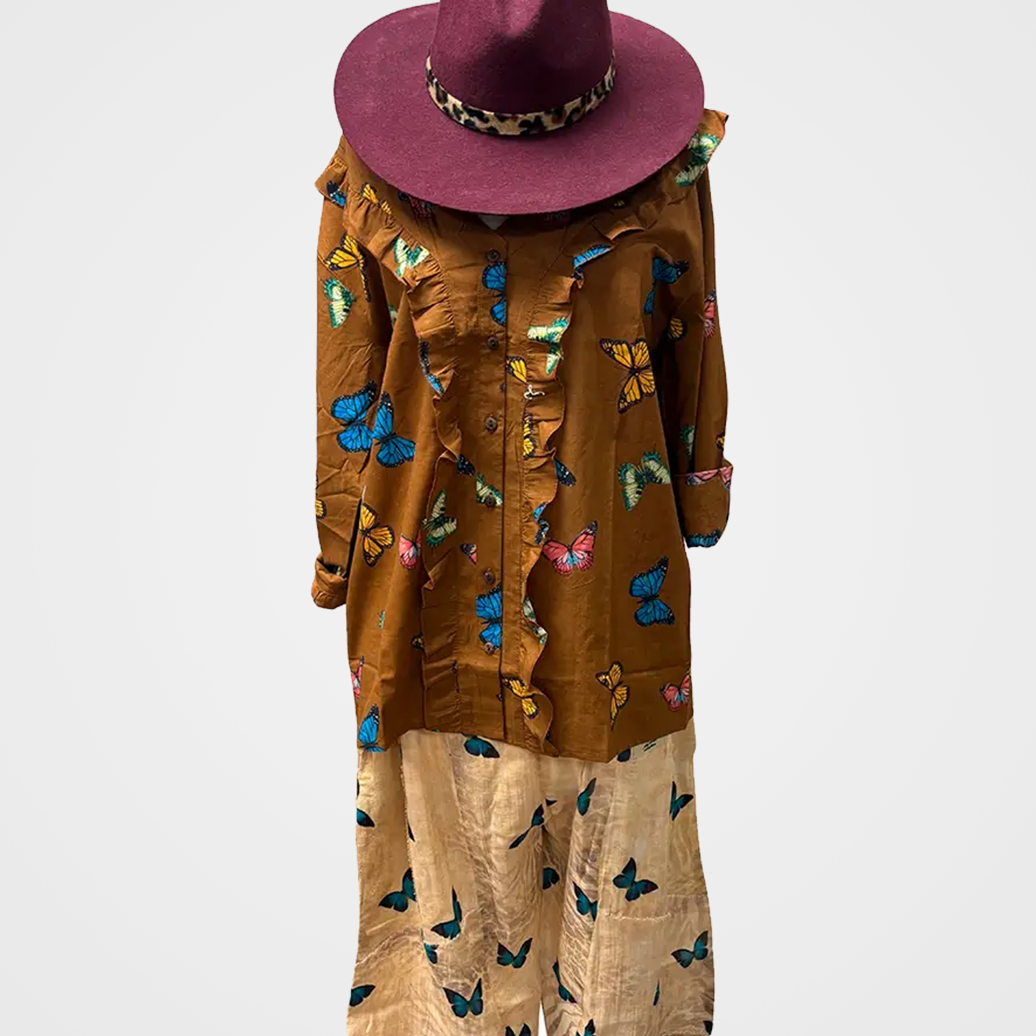 Button-Up Collared Top with Ruffles and Butterfly Print
