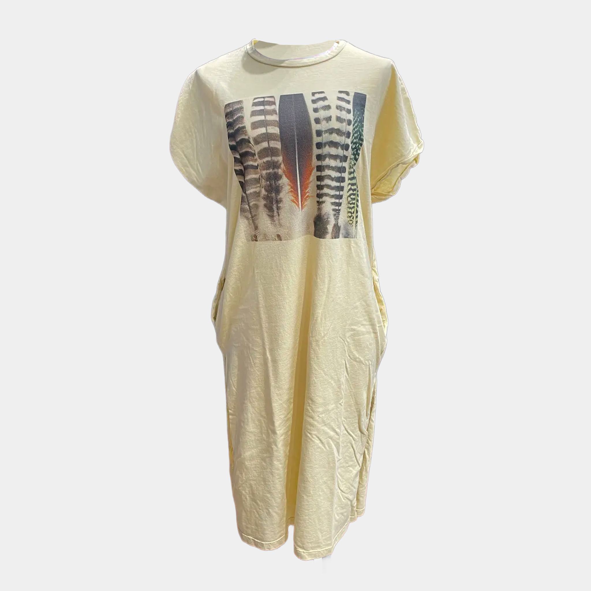 T-Shirt Dress with Vertical Feathers Print Short Sleeve