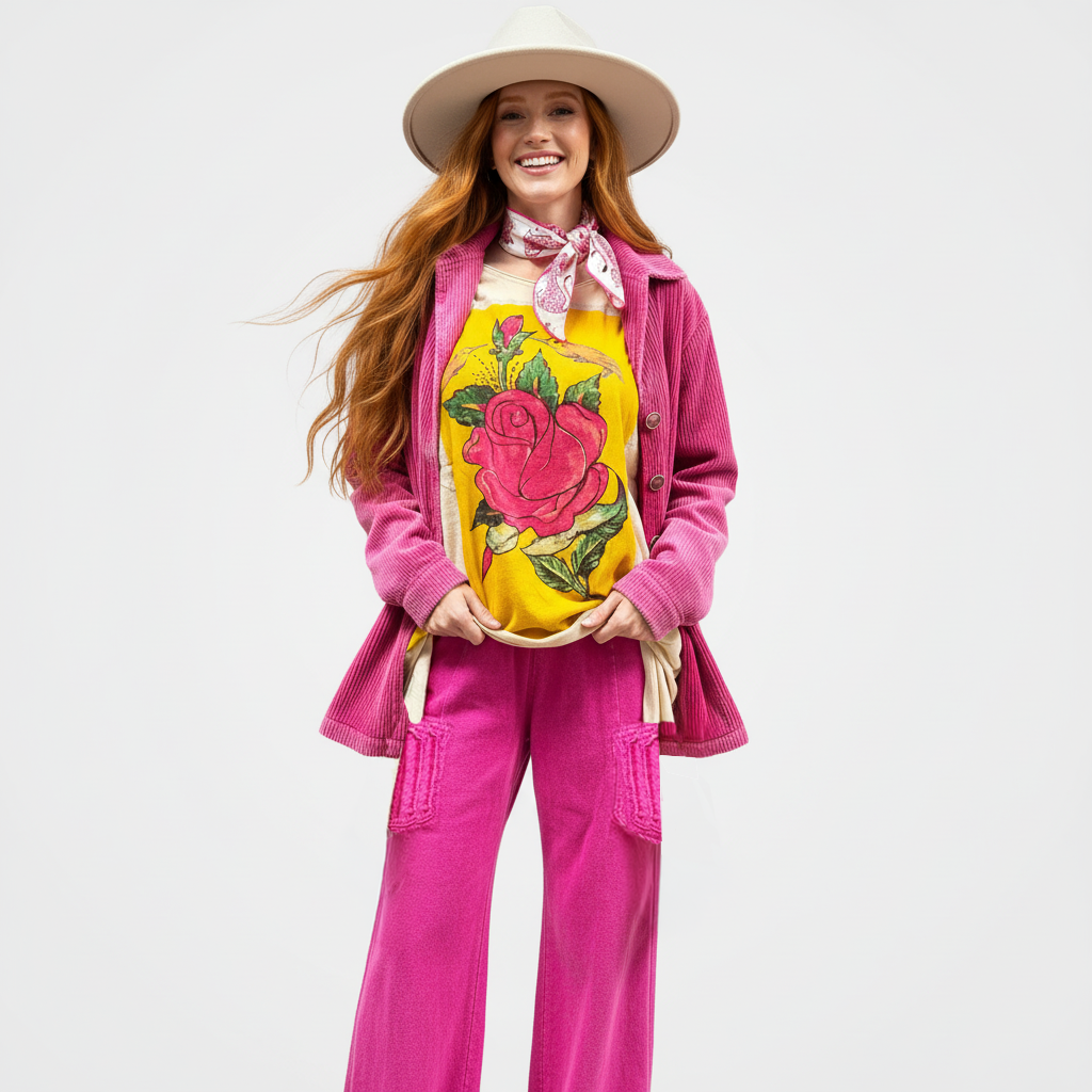 Tee with Colorful Patchwork Rose Print