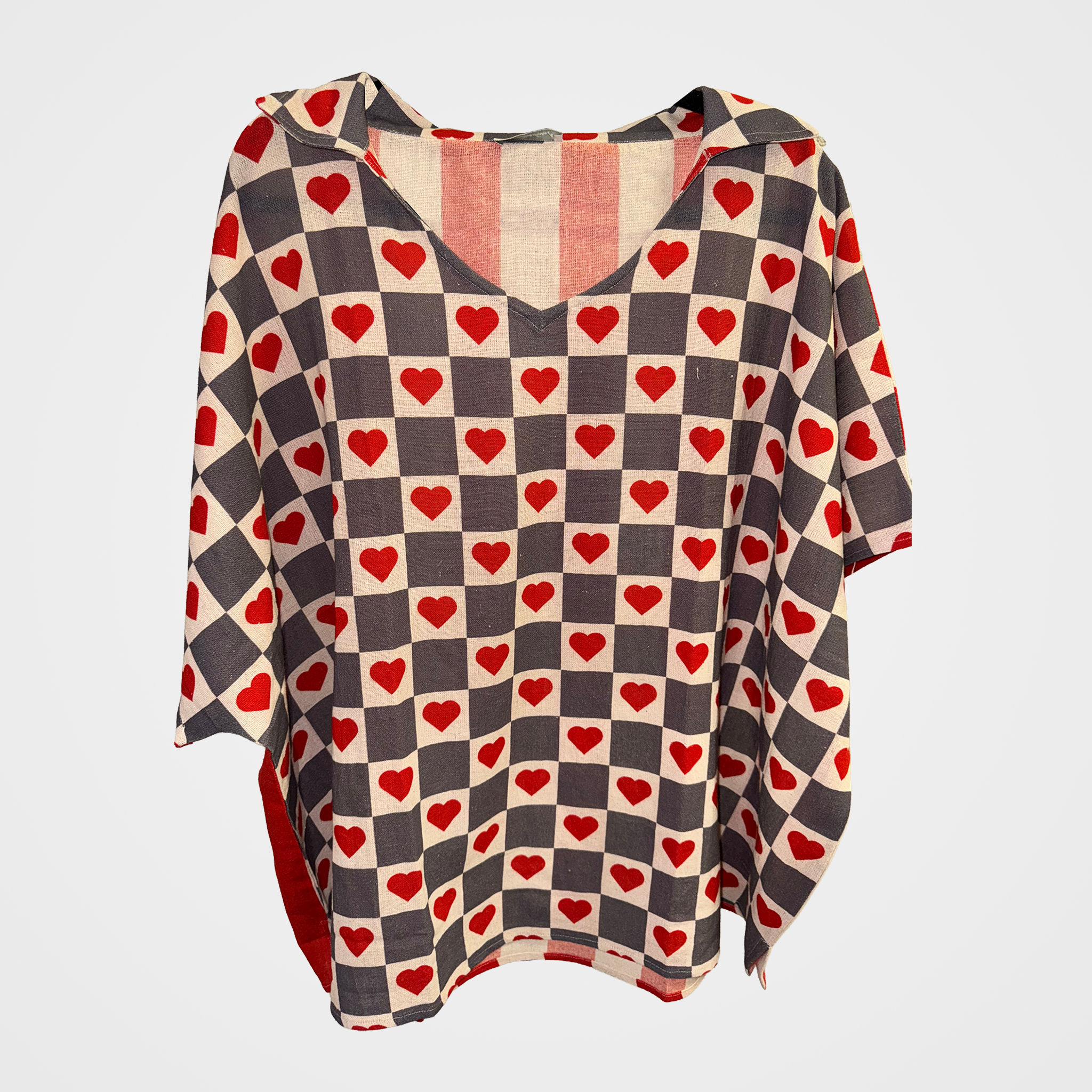 Oversized Cotton Collared Top with Hearts & Stripes