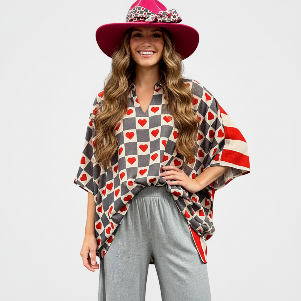 Oversized Cotton Collared Top with Hearts & Stripes