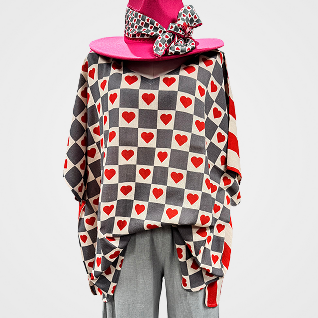 Oversized Cotton Collared Top with Hearts & Stripes