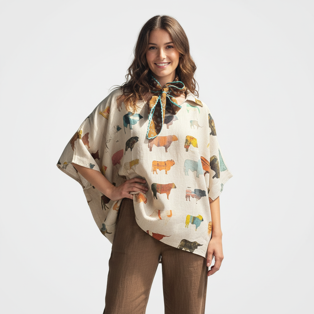 Oversized Collared Top with Multi Cow Print