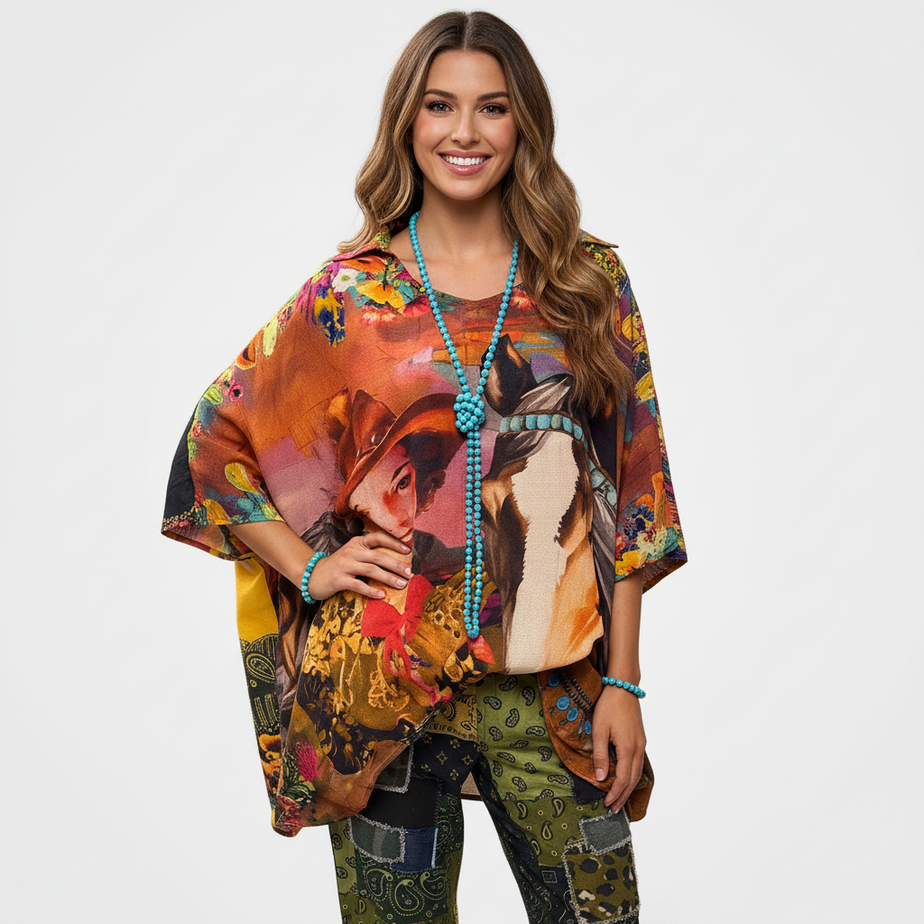 Oversized Collared Top with Vintage Cowgirl & Horse Print