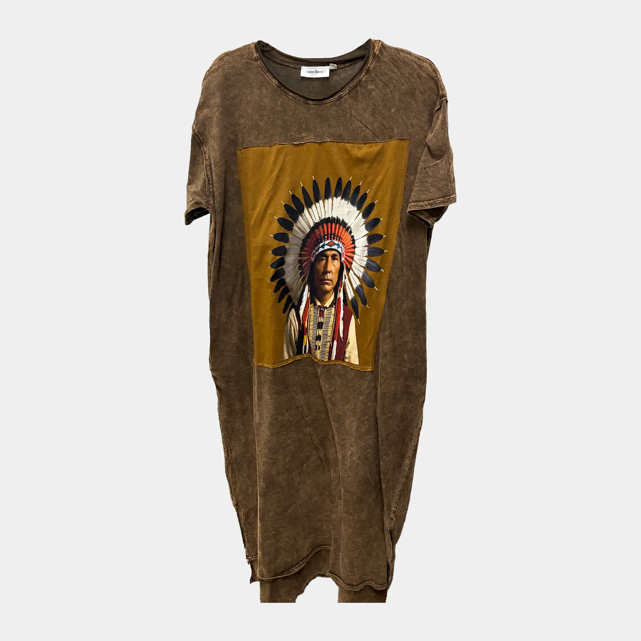 T-Shirt Dress with Native American Chief Patchwork Print