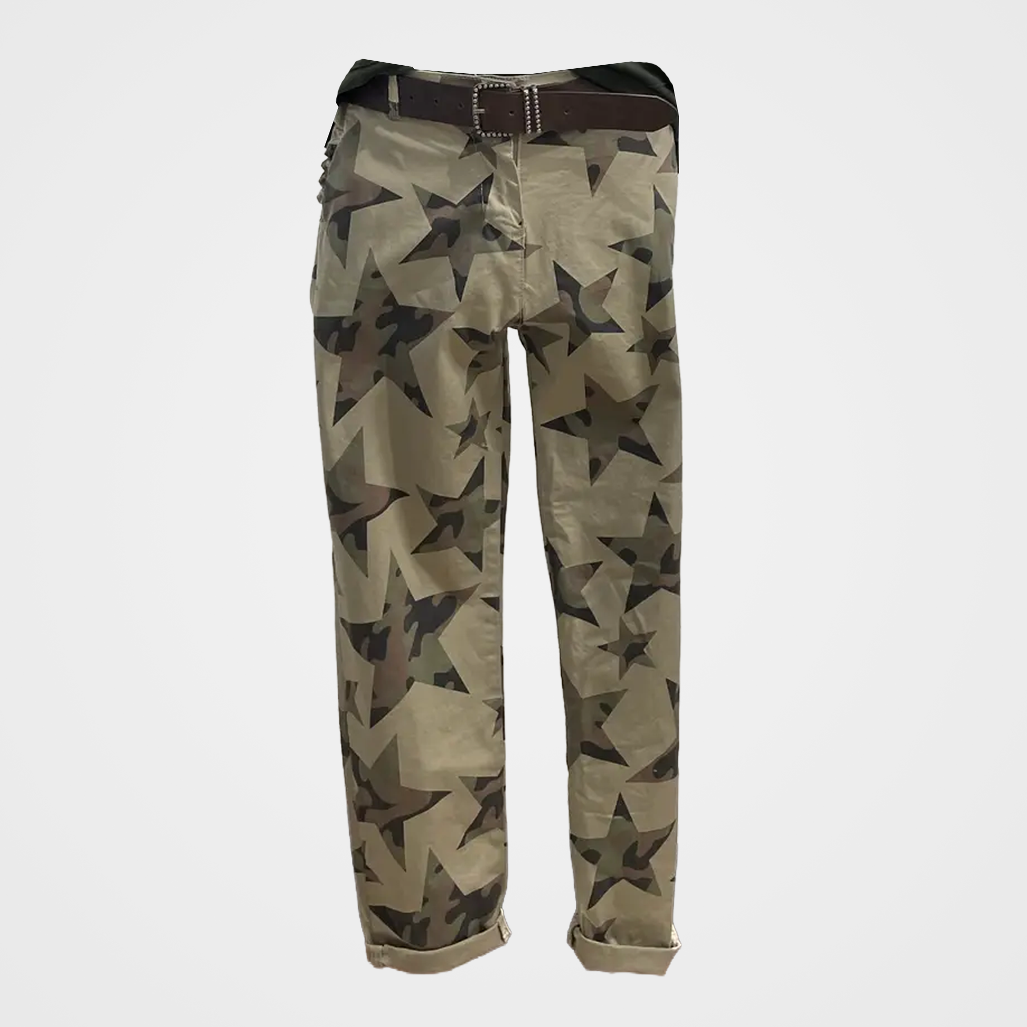 Star Pants in Khaki Camo with Belt and Ruffled Pockets