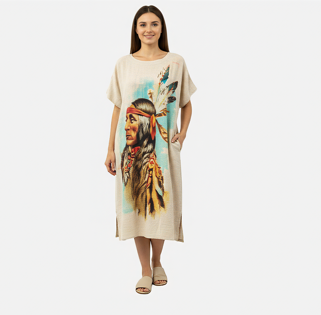 Kaftan Tunic Dress with Native American Warrior Print