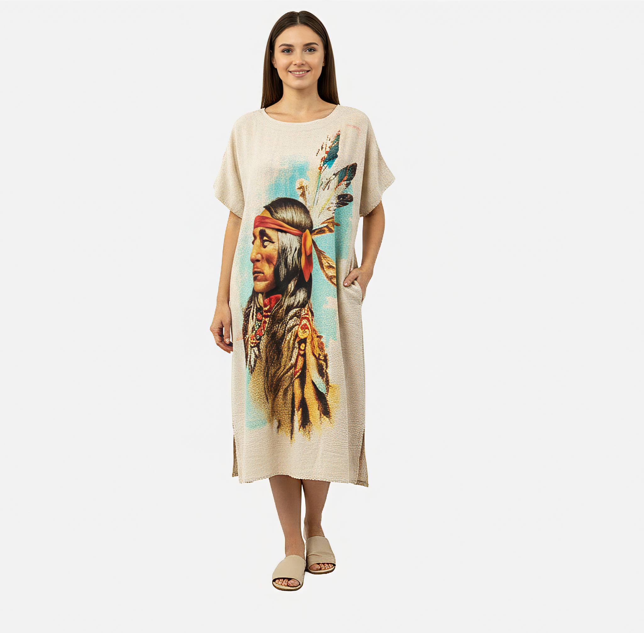 Kaftan Tunic Dress with Native American Warrior Print