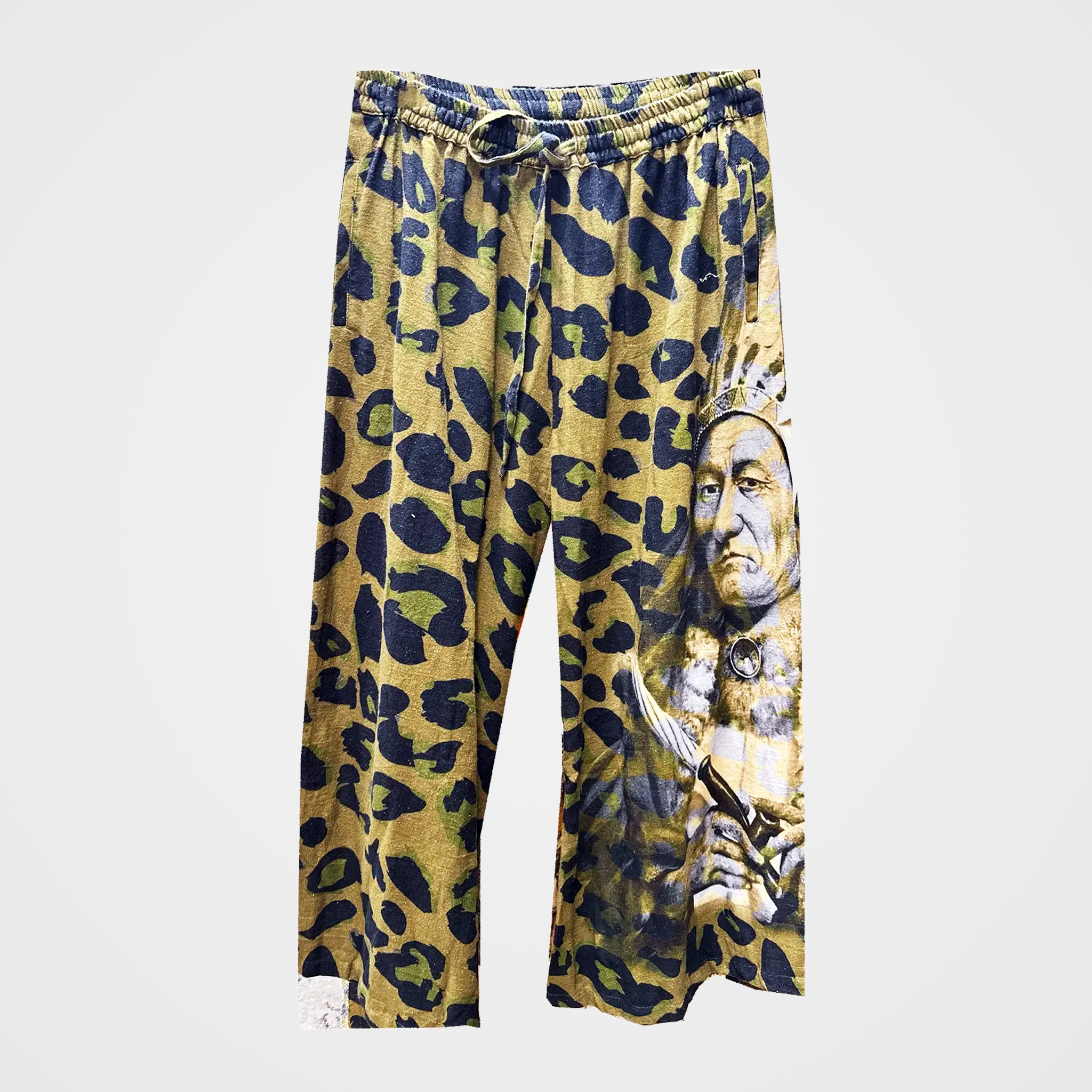 Leopard Pants in Olive with Sitting Bull Portrait