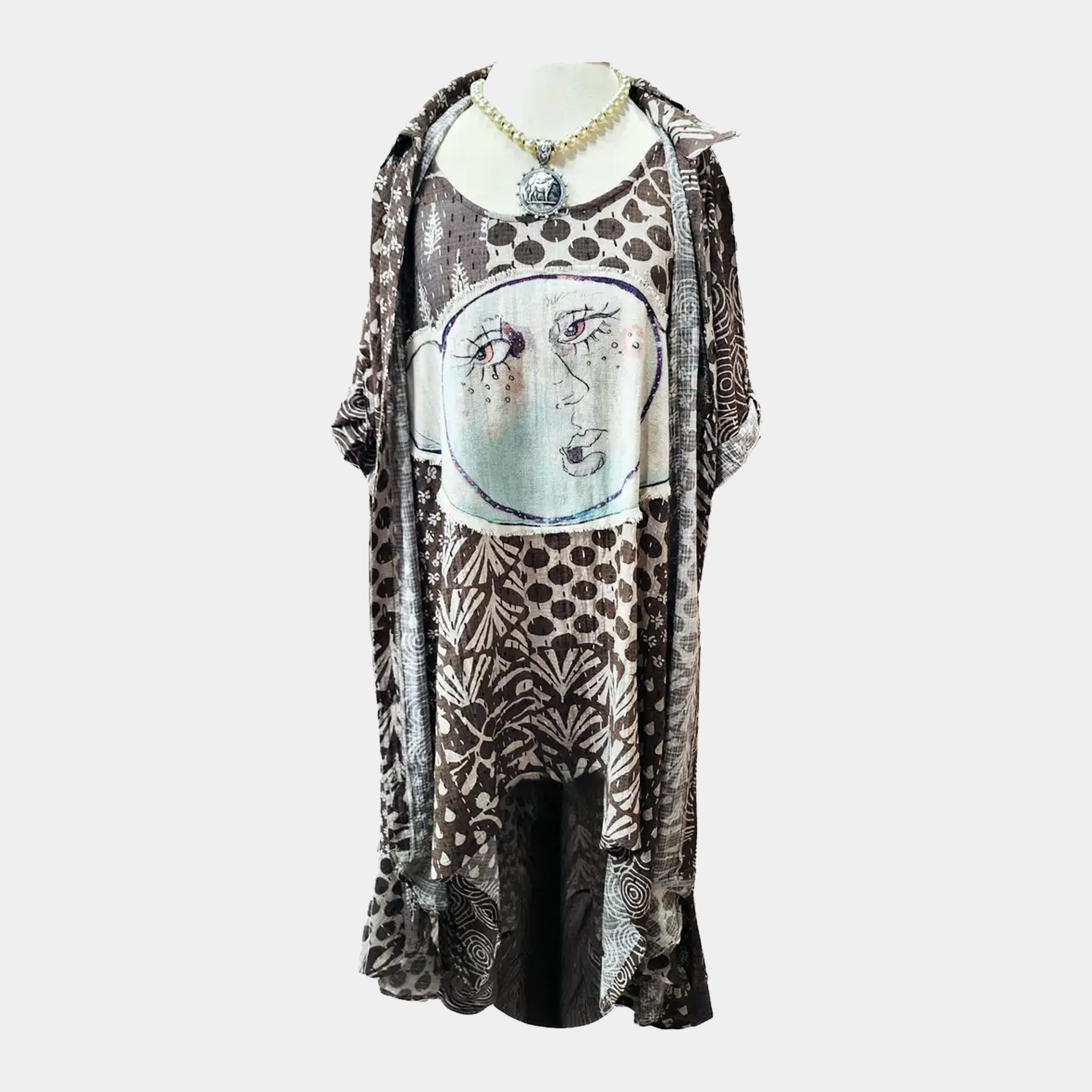 Hi-Lo Tunic in Brown/Beige with Moon Patch & Hand-Block Design