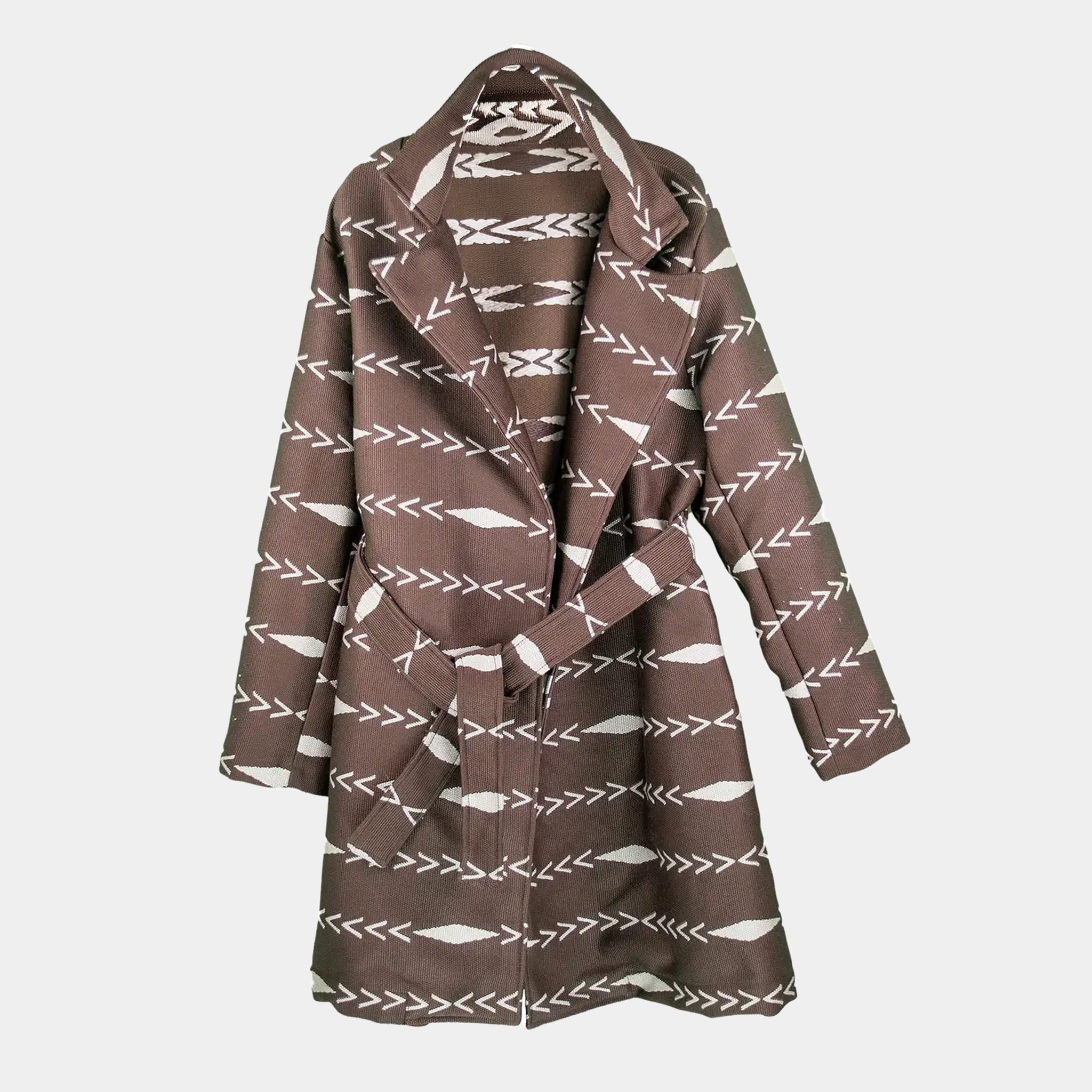 Belted Trench Coat with Aztec Pattern in Chocolate or Cinnamon