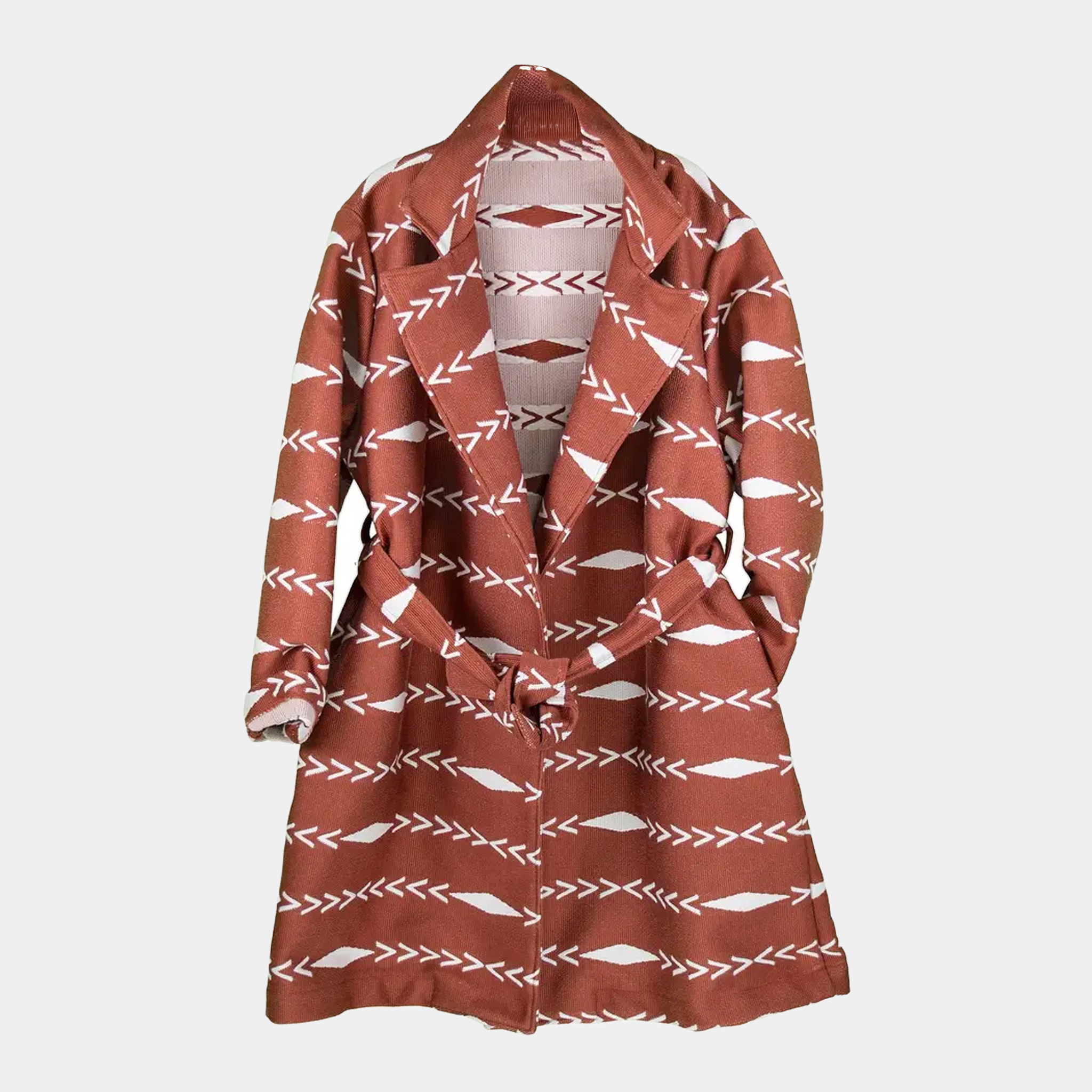 Belted Trench Coat with Aztec Pattern in Chocolate or Cinnamon