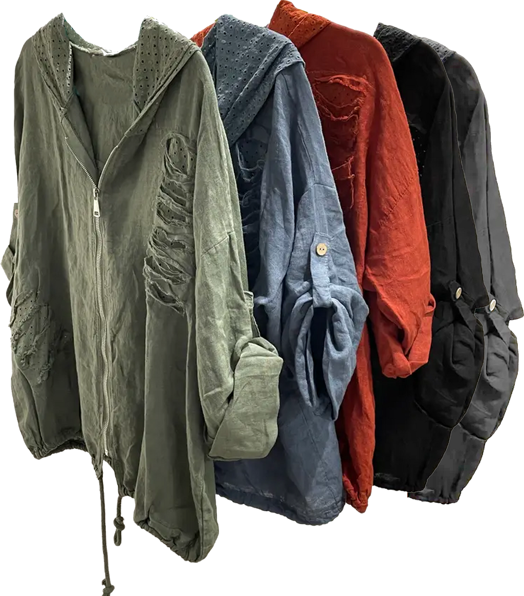 Distressed Hooded Jacket with Tabbed Sleeves