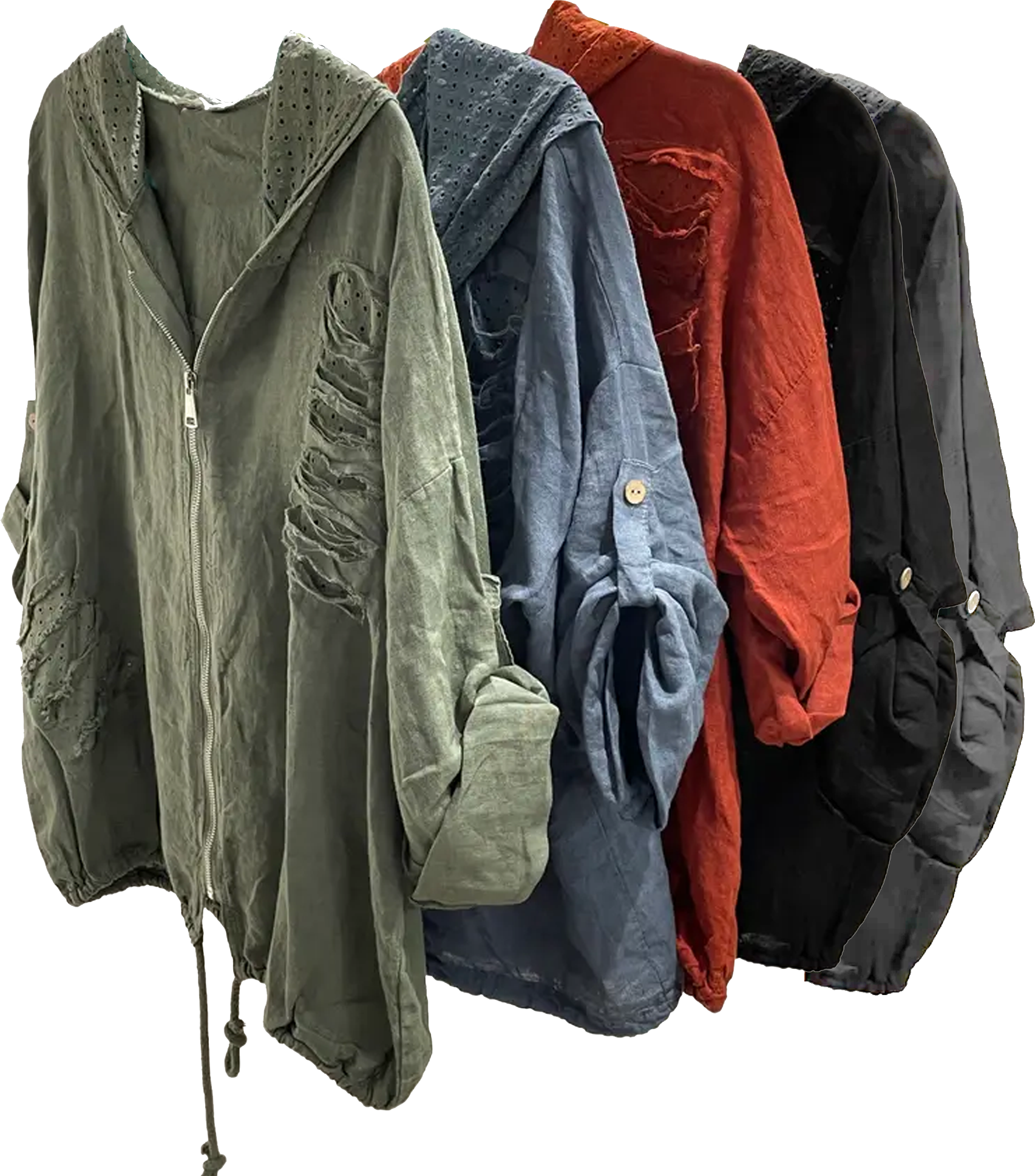 Distressed Hooded Jacket with Tabbed Sleeves