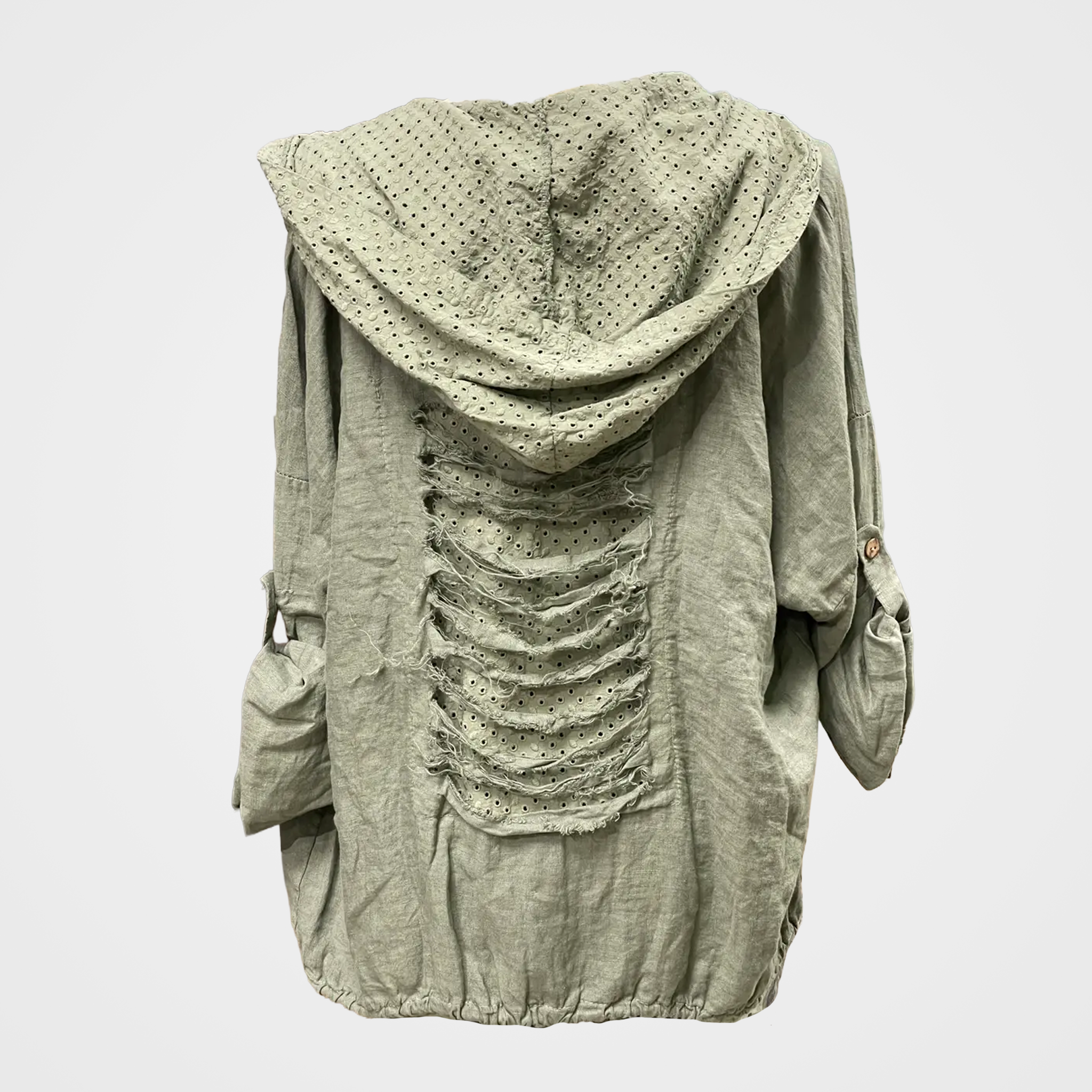 Distressed Hooded Jacket with Tabbed Sleeves