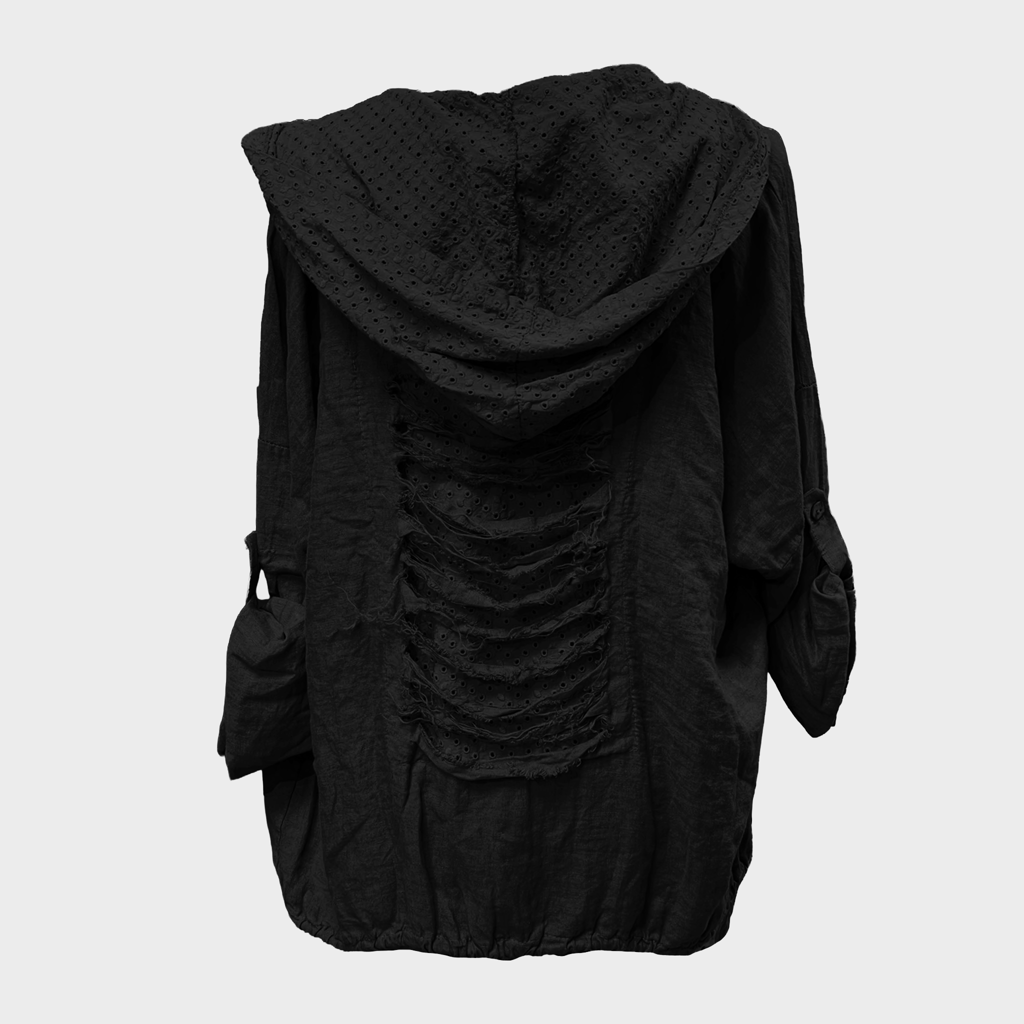 Distressed Hooded Jacket with Tabbed Sleeves