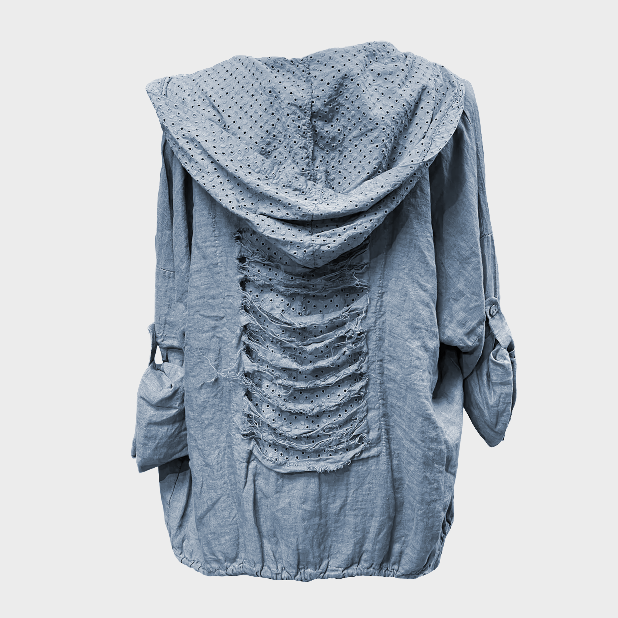 Distressed Hooded Jacket with Tabbed Sleeves
