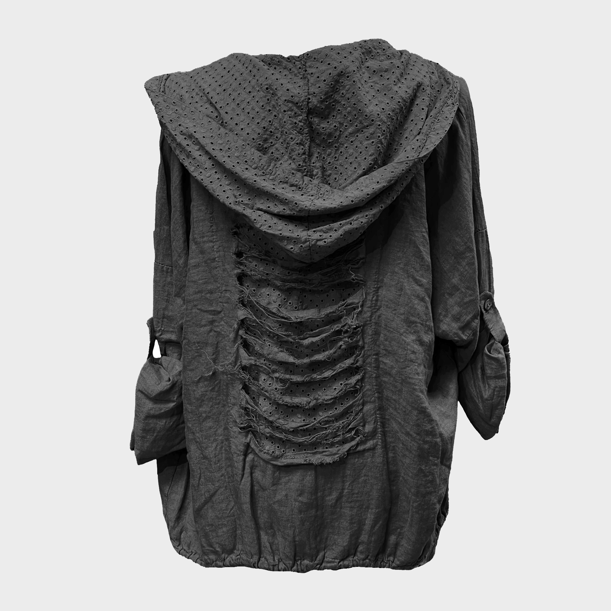 Distressed Hooded Jacket with Tabbed Sleeves