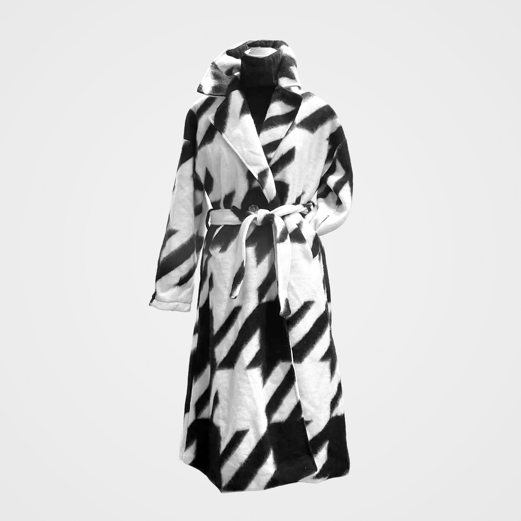 Double Breasted Houndstooth Belted Trench Coat