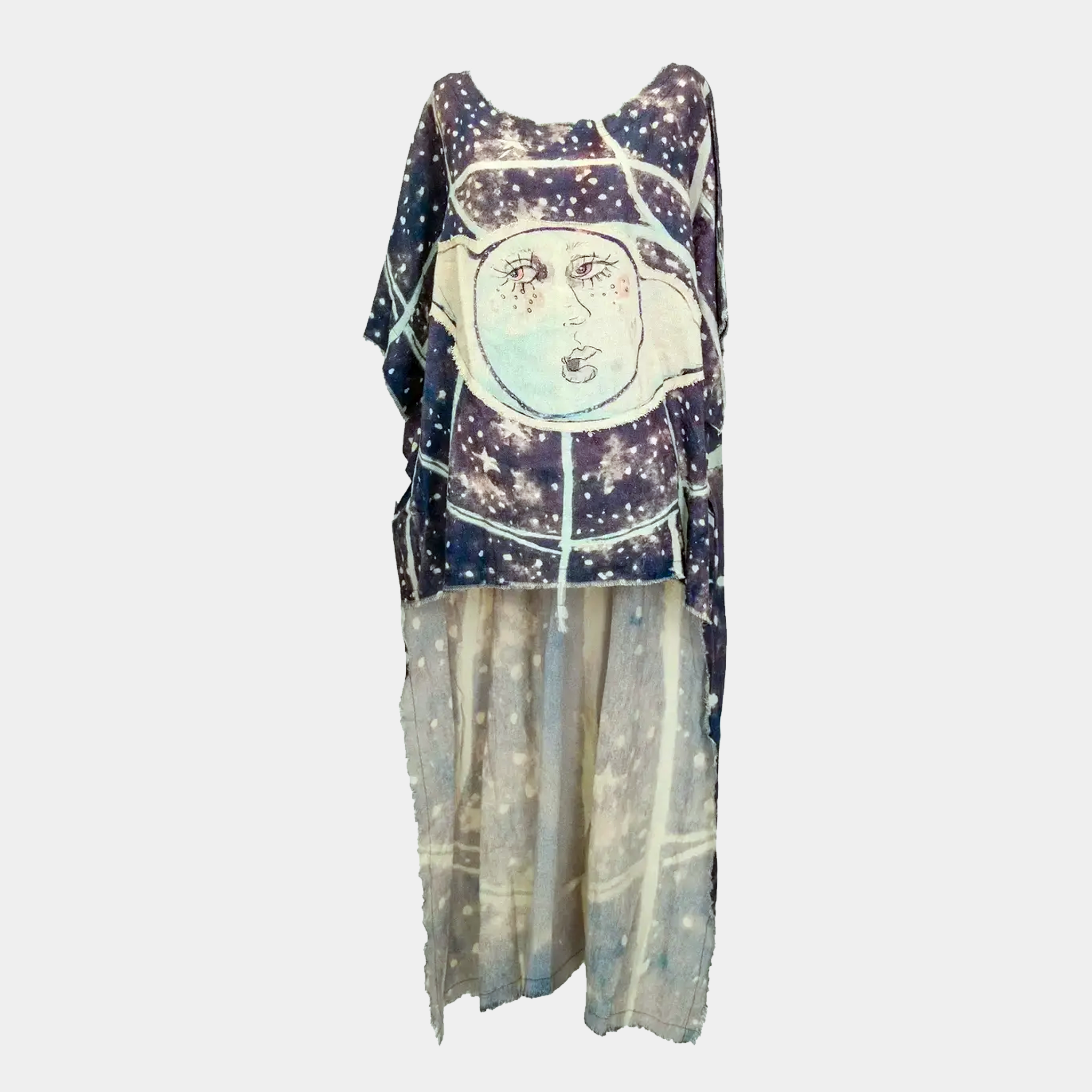 Hi-Lo Tunic in Blue with Moon Patch and Celestial Print