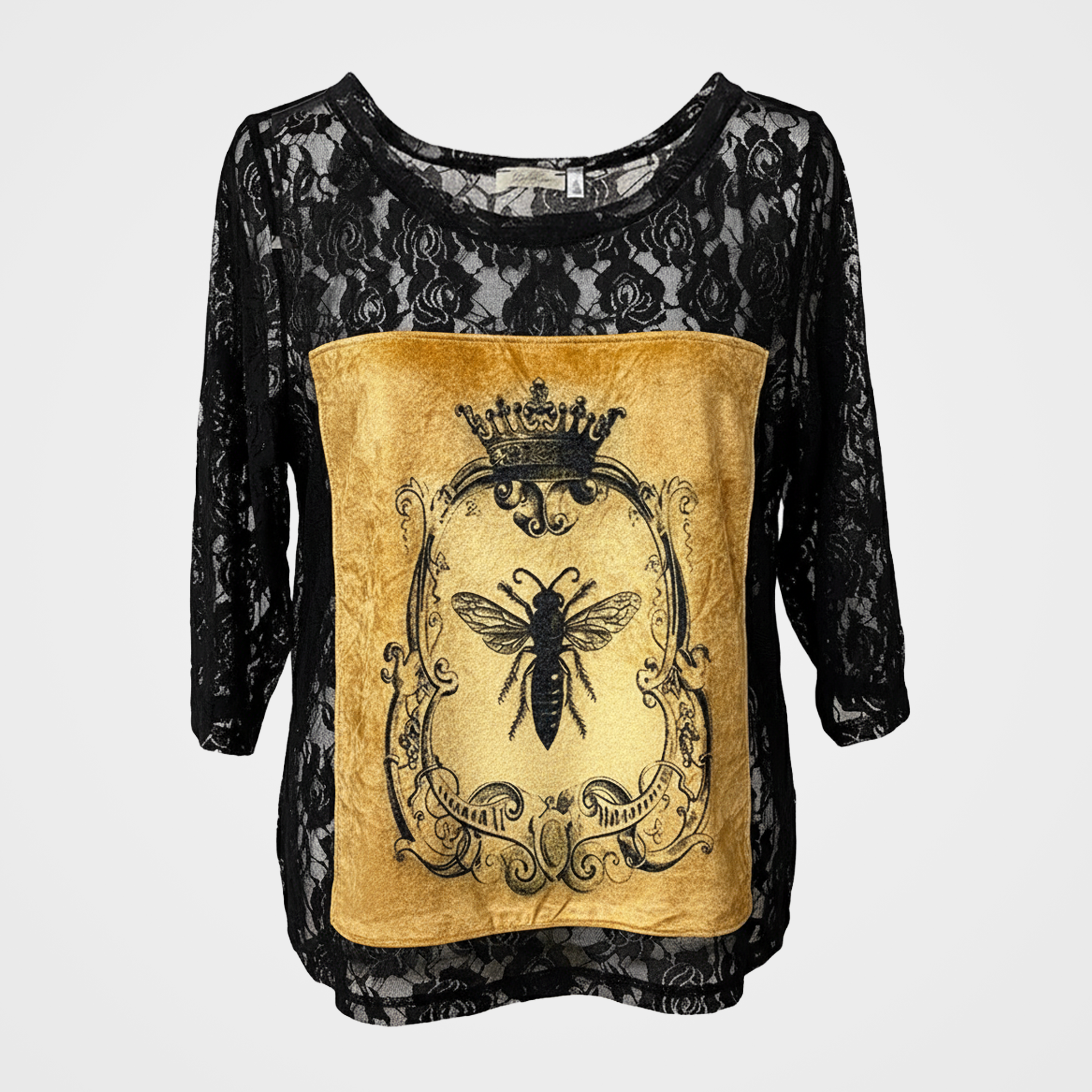 Lace Tee w/Velvet Roses & Queen Bee Applique