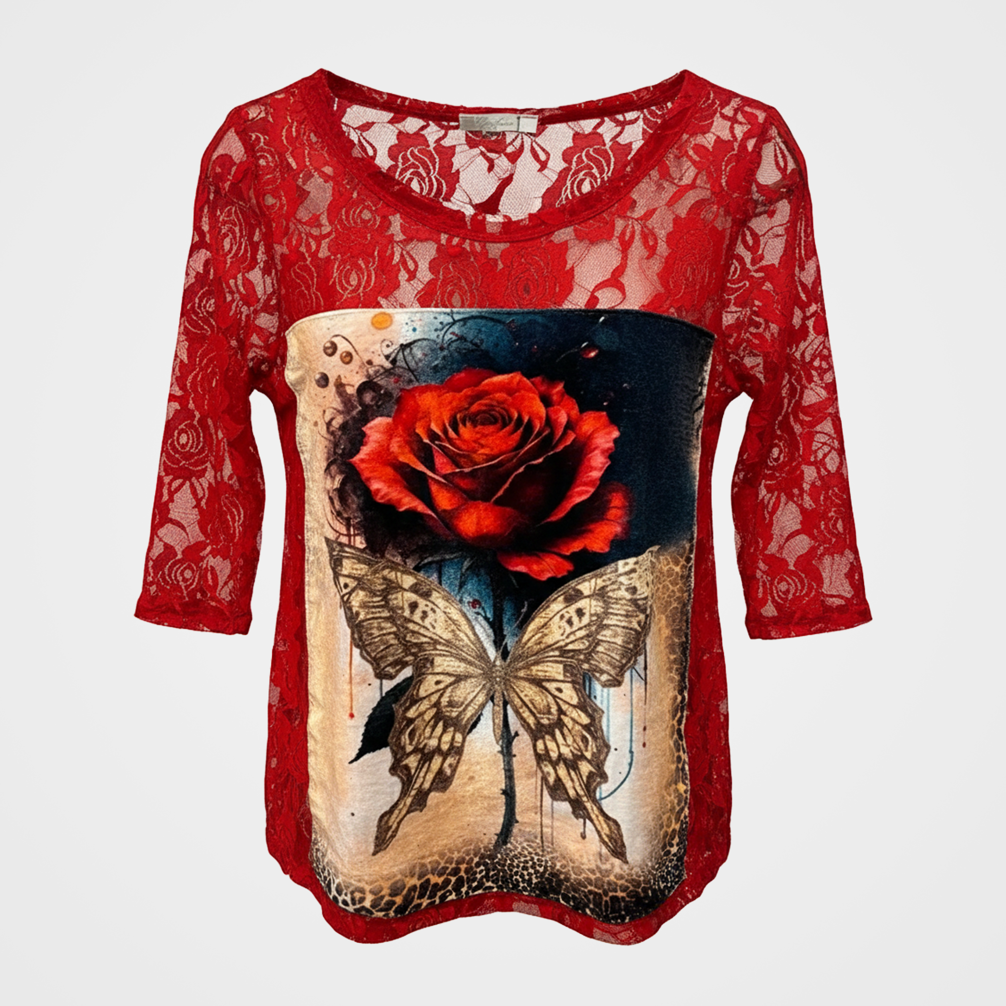 Lace Tee w/Velvet Roses & Red Rose w/Butterfly on Velvet Applique