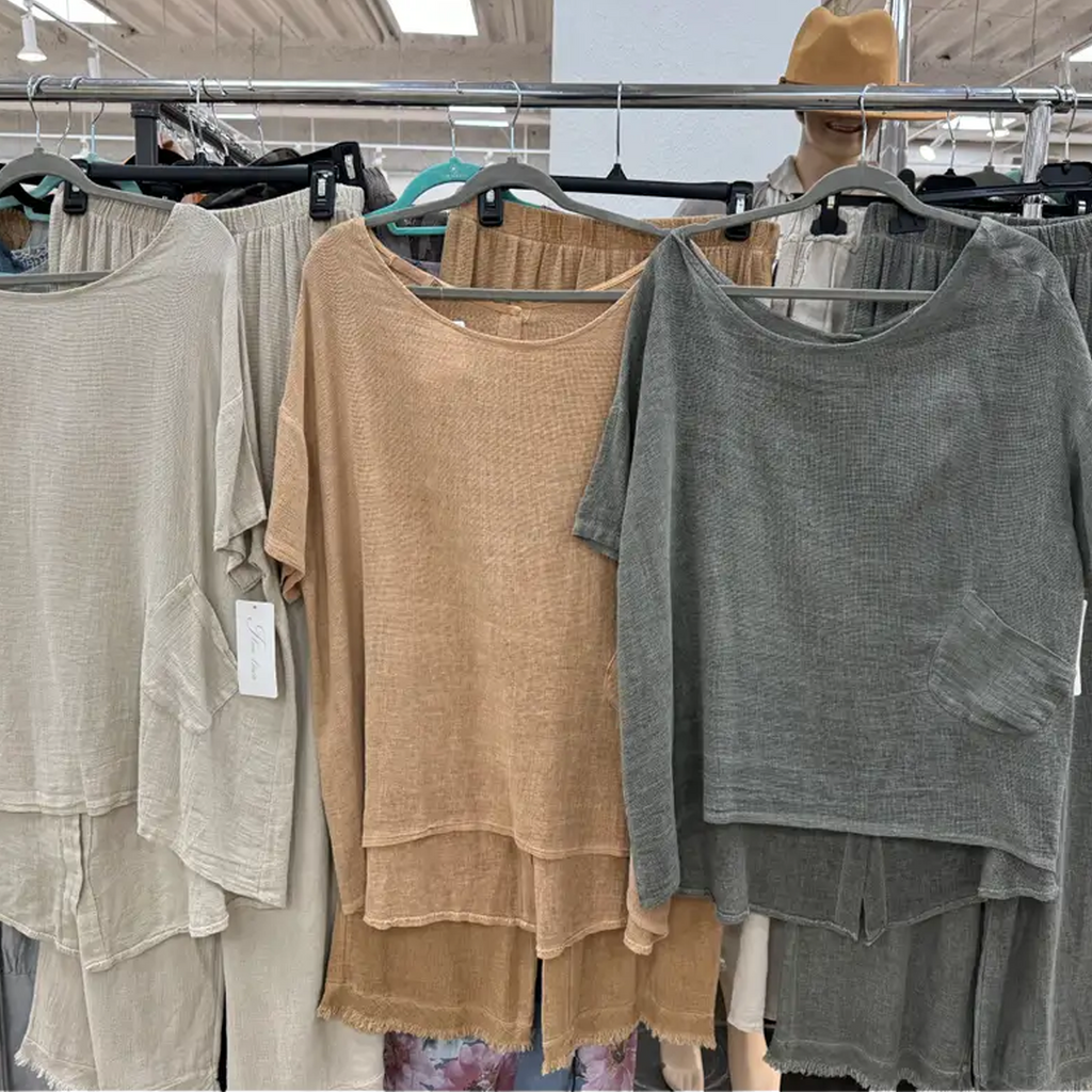 Mesh Linen Top with Pocket and Button Back Closure