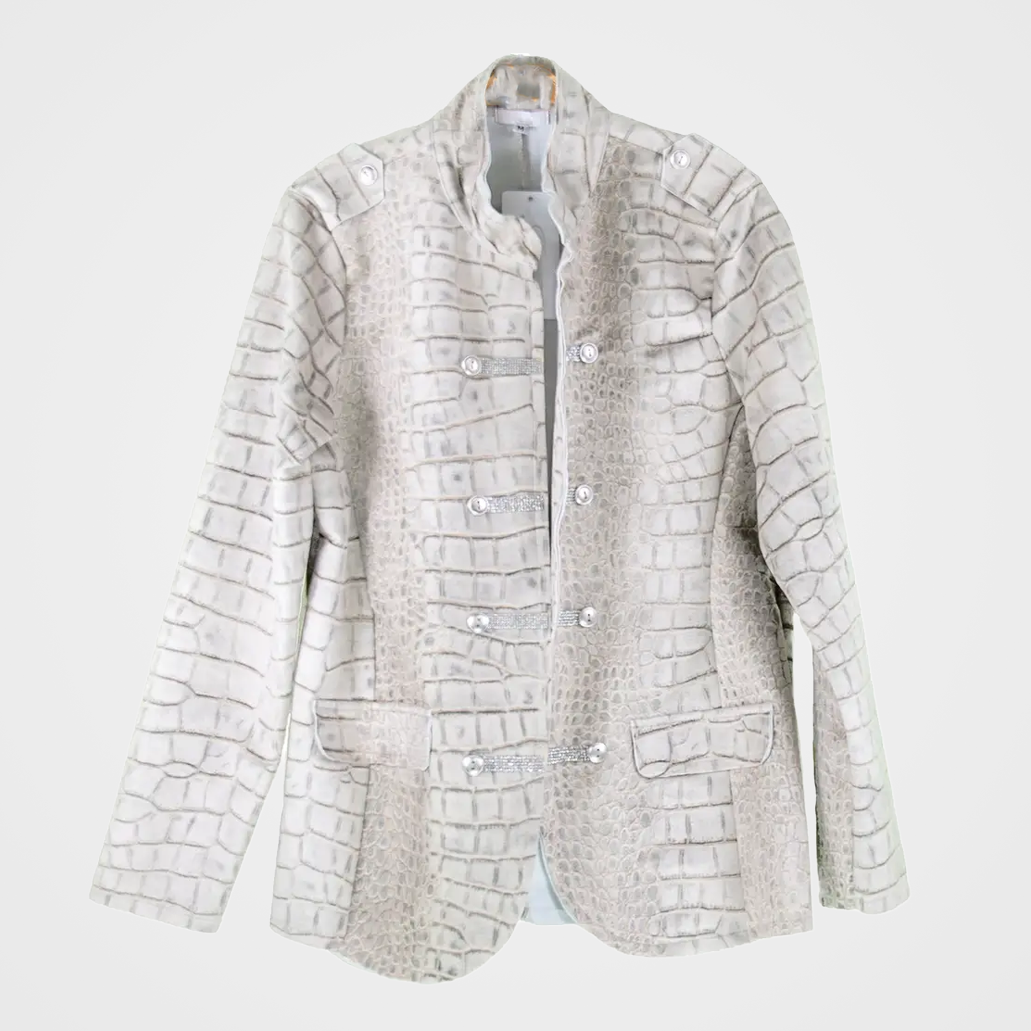 Military Style Jacket with Bling in Faux Alligator in White