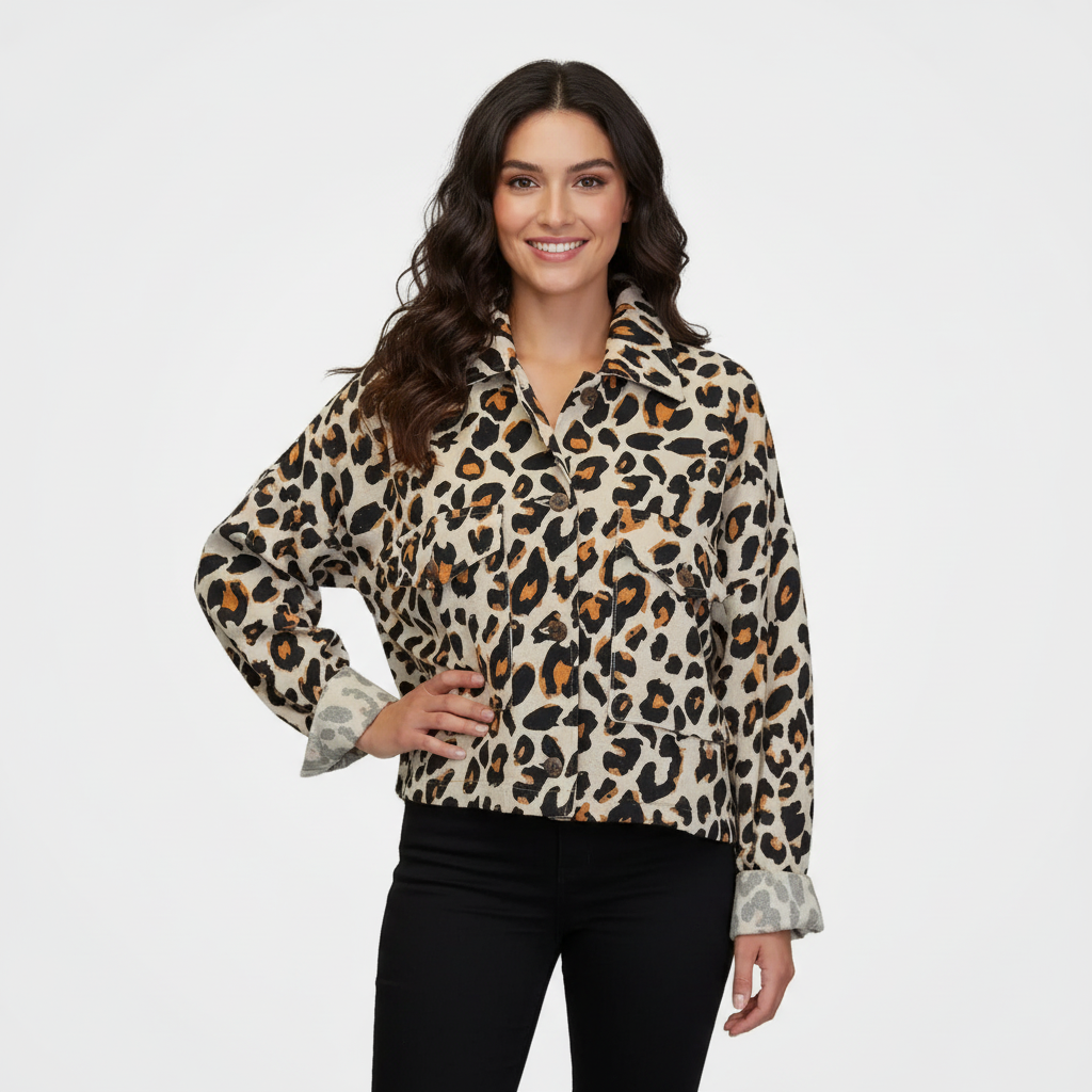 Shacket with Leopard Print Cropped Button Up Cotton