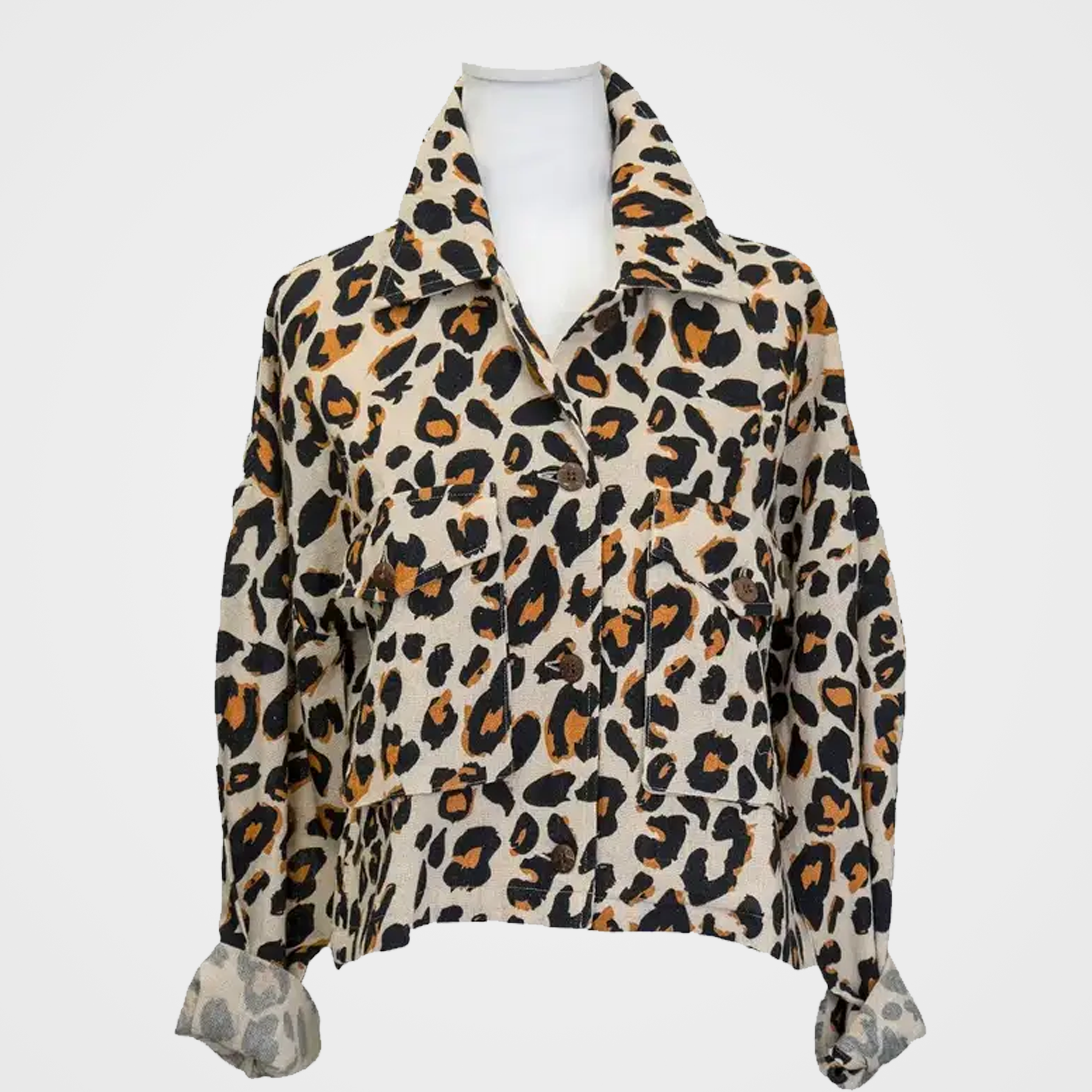Shacket with Leopard Print Cropped Button Up Cotton